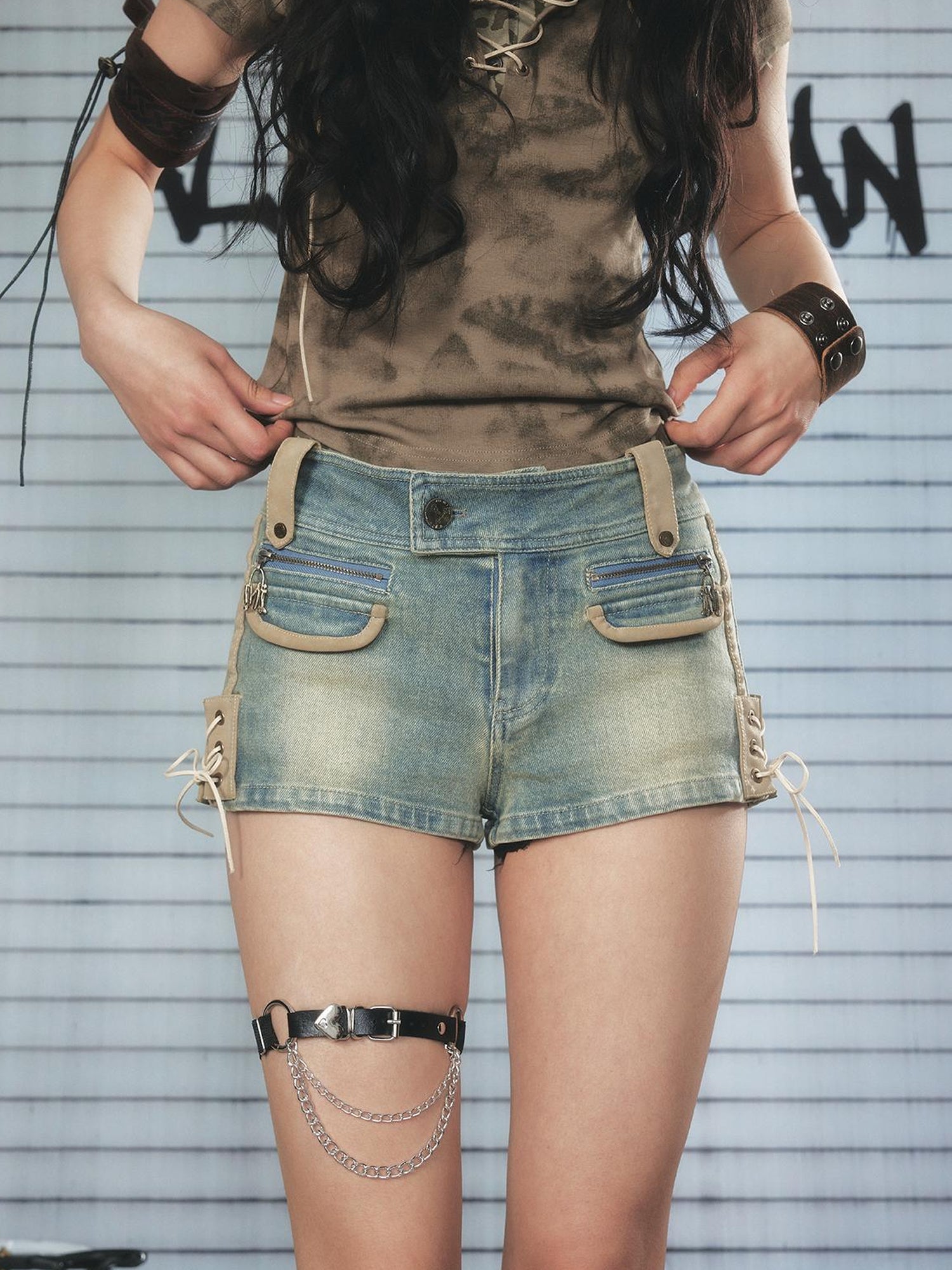 ALL iN plan Vintage Washed Punk Denim Shorts