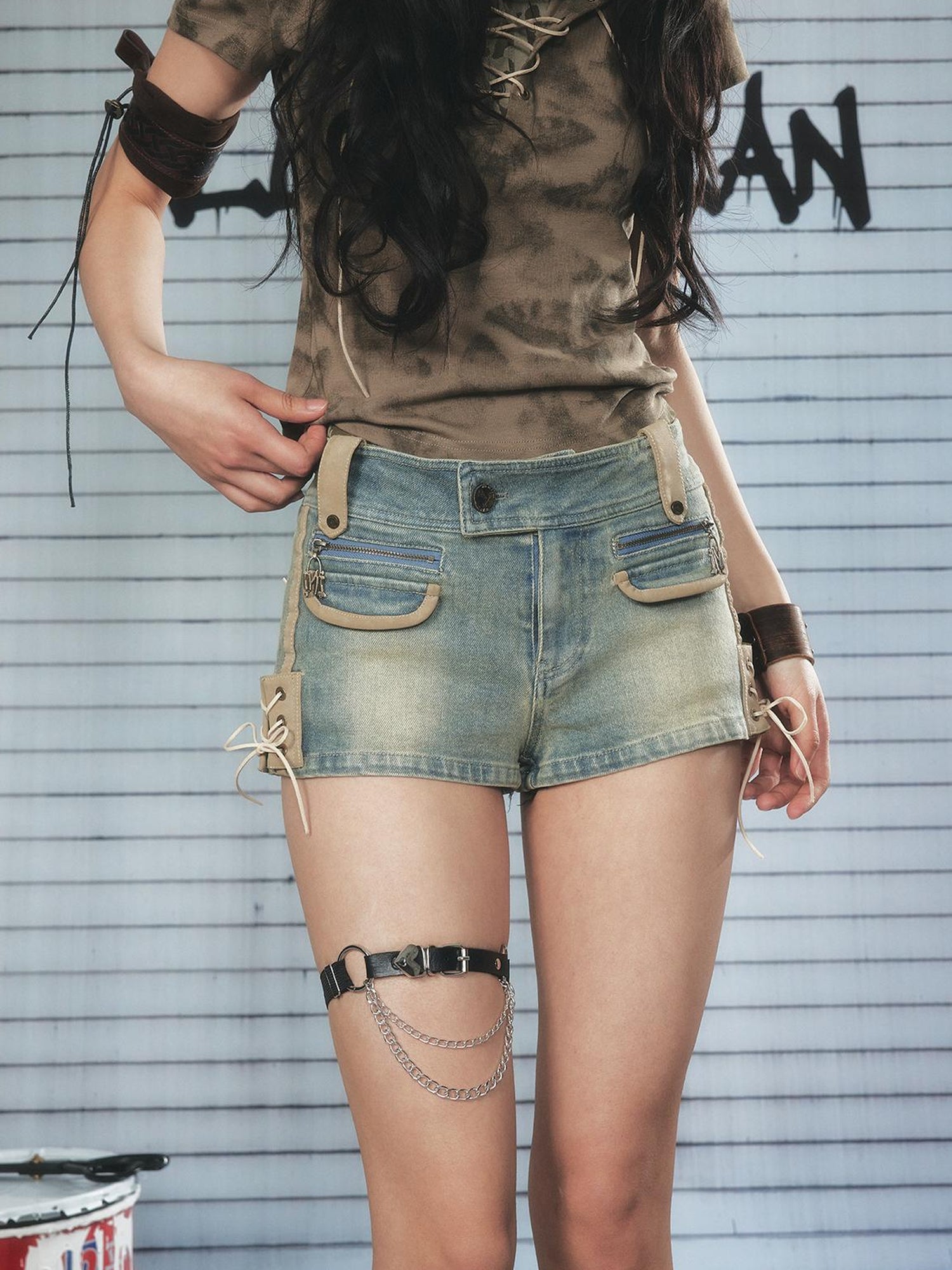 ALL iN plan Vintage Washed Punk Denim Shorts