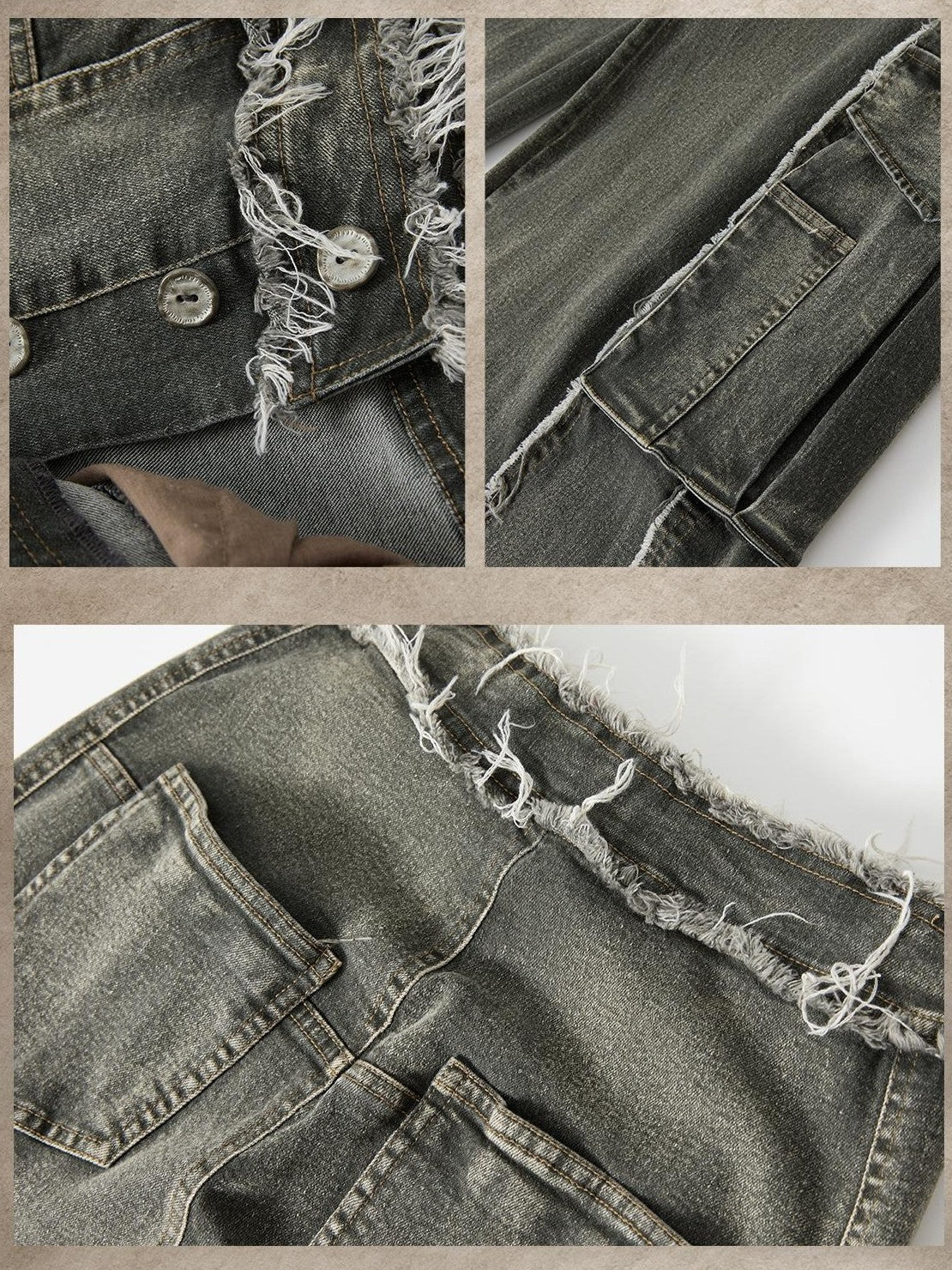 ALL iN plan Washed Vintage High Waist Large Patch Pocket Wide Leg Women&