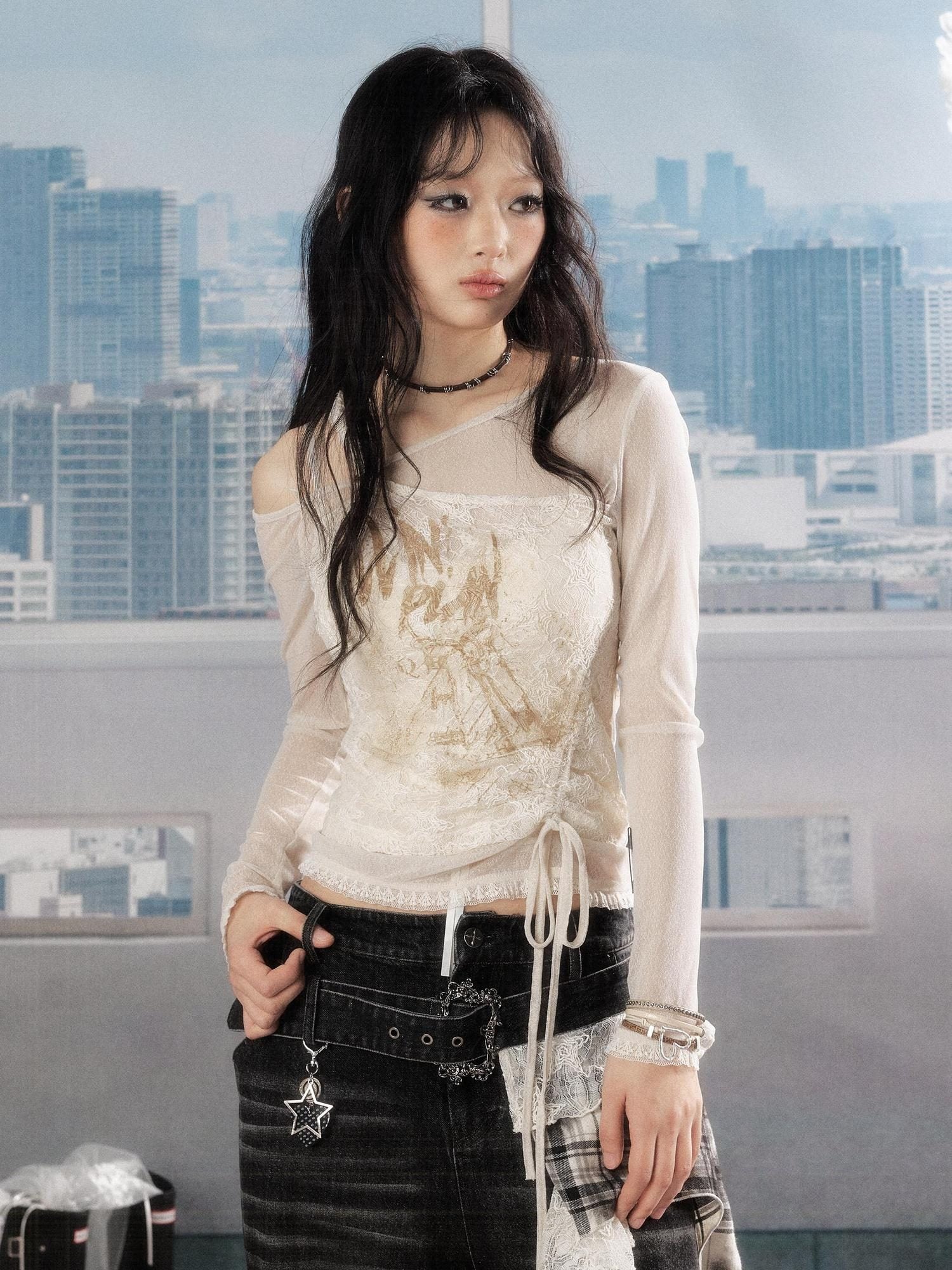 ALL iN plan Windproof Drawstring Patchwork Slim Fit Off White Print Long Sleeve T-Shirts