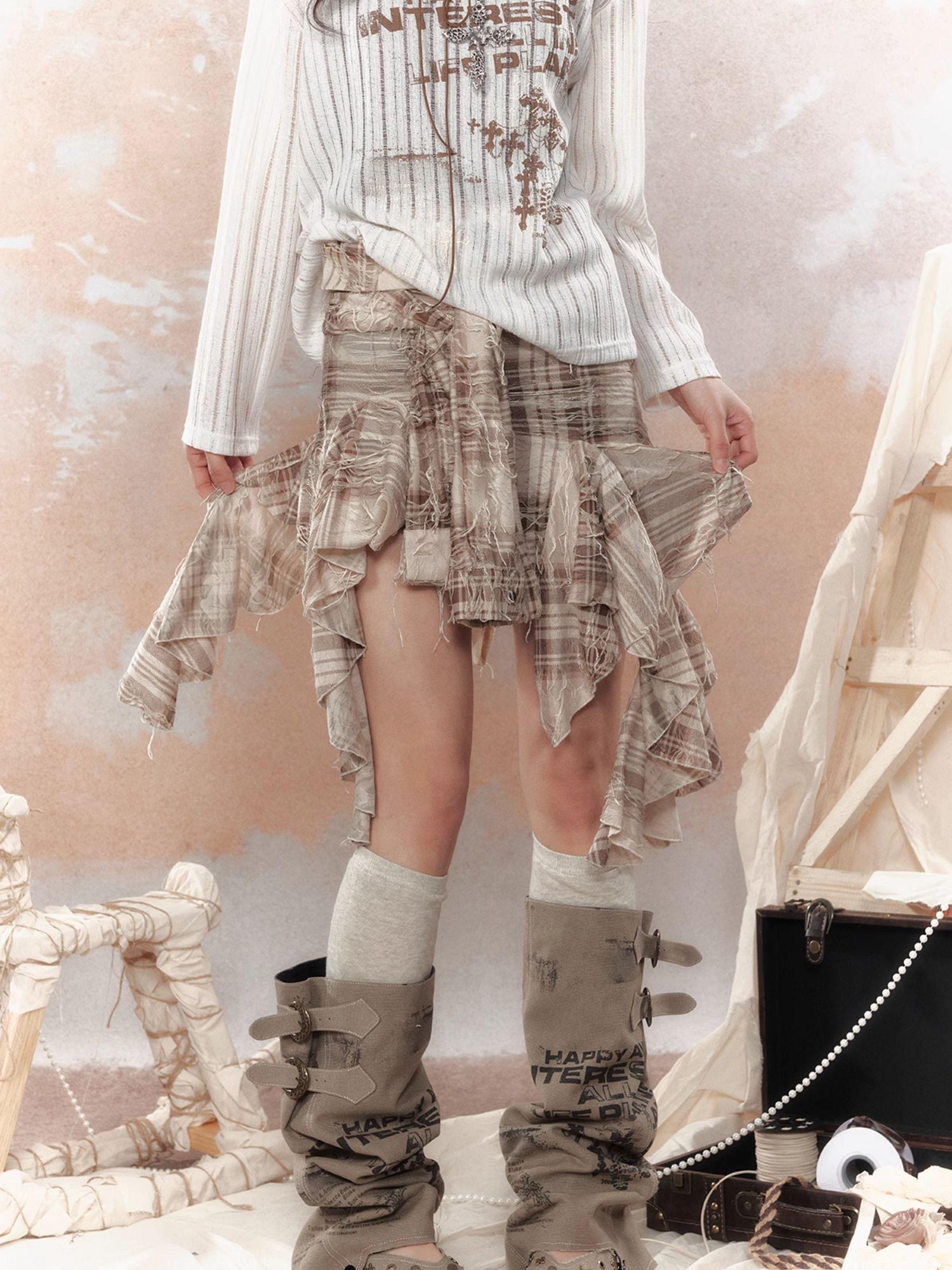 ALL iN plan Y2K Asymmetrical Ruffle Fringe Plaid Bustier Top