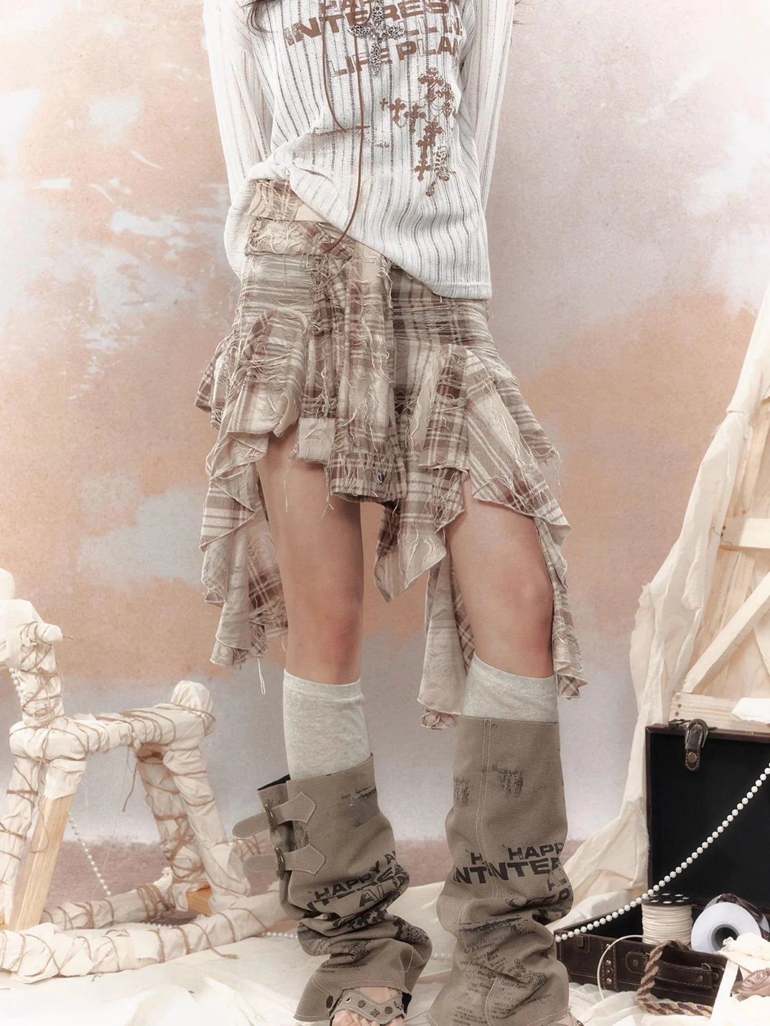 Y2K Asymmetrical Ruffle Fringe Plaid Bustier Top