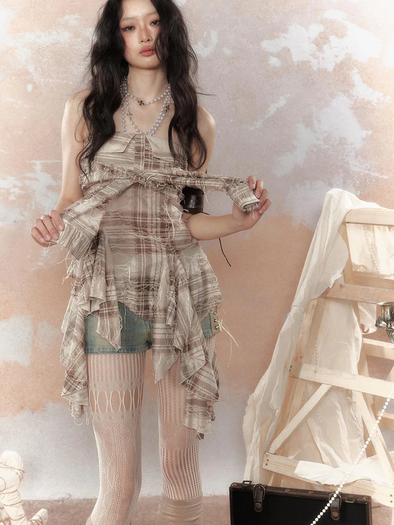 Y2K Asymmetrical Ruffle Fringe Plaid Bustier Top