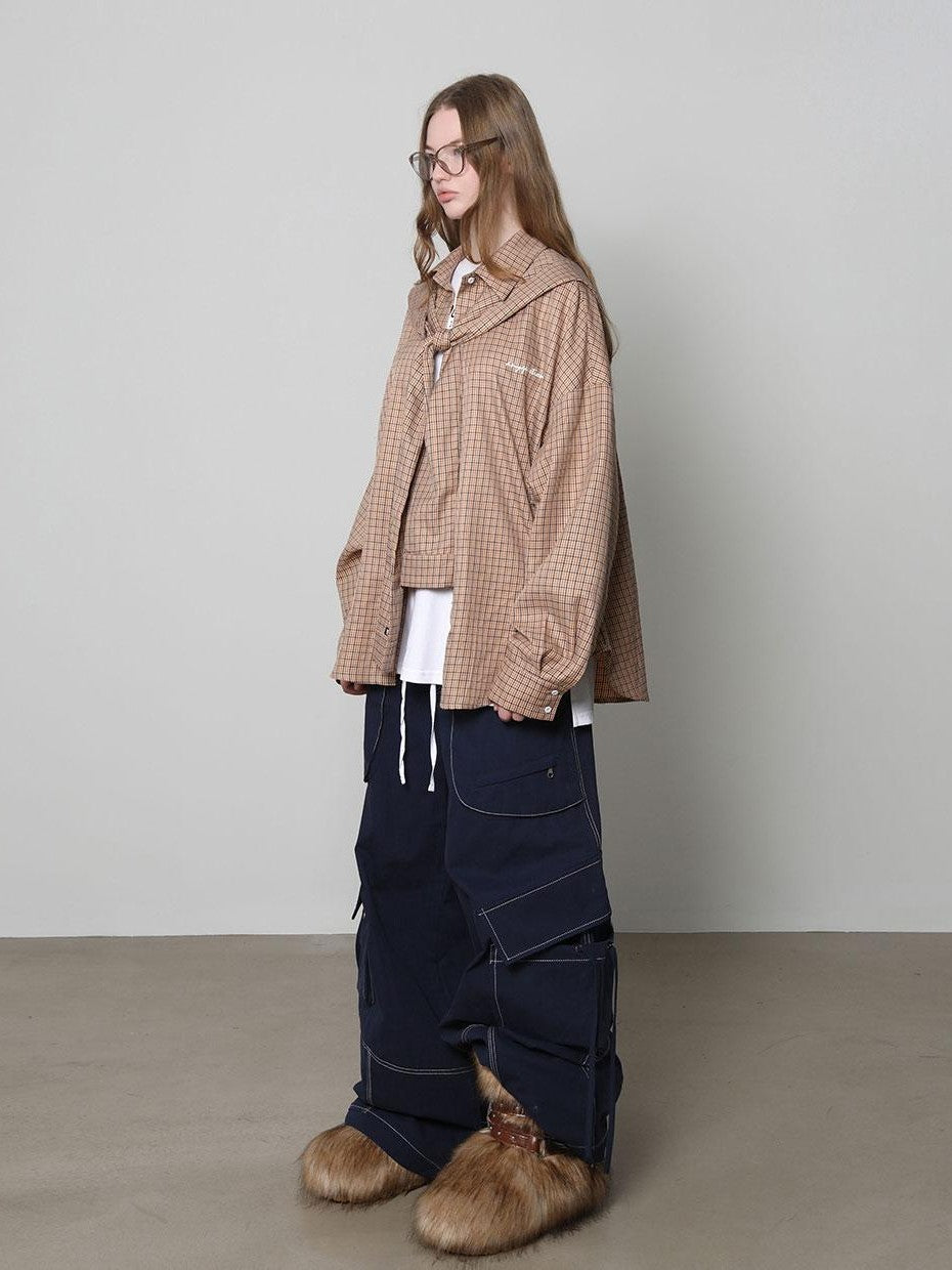 Beige And Navy Detachable Hood Plaid Longsleeve Women&