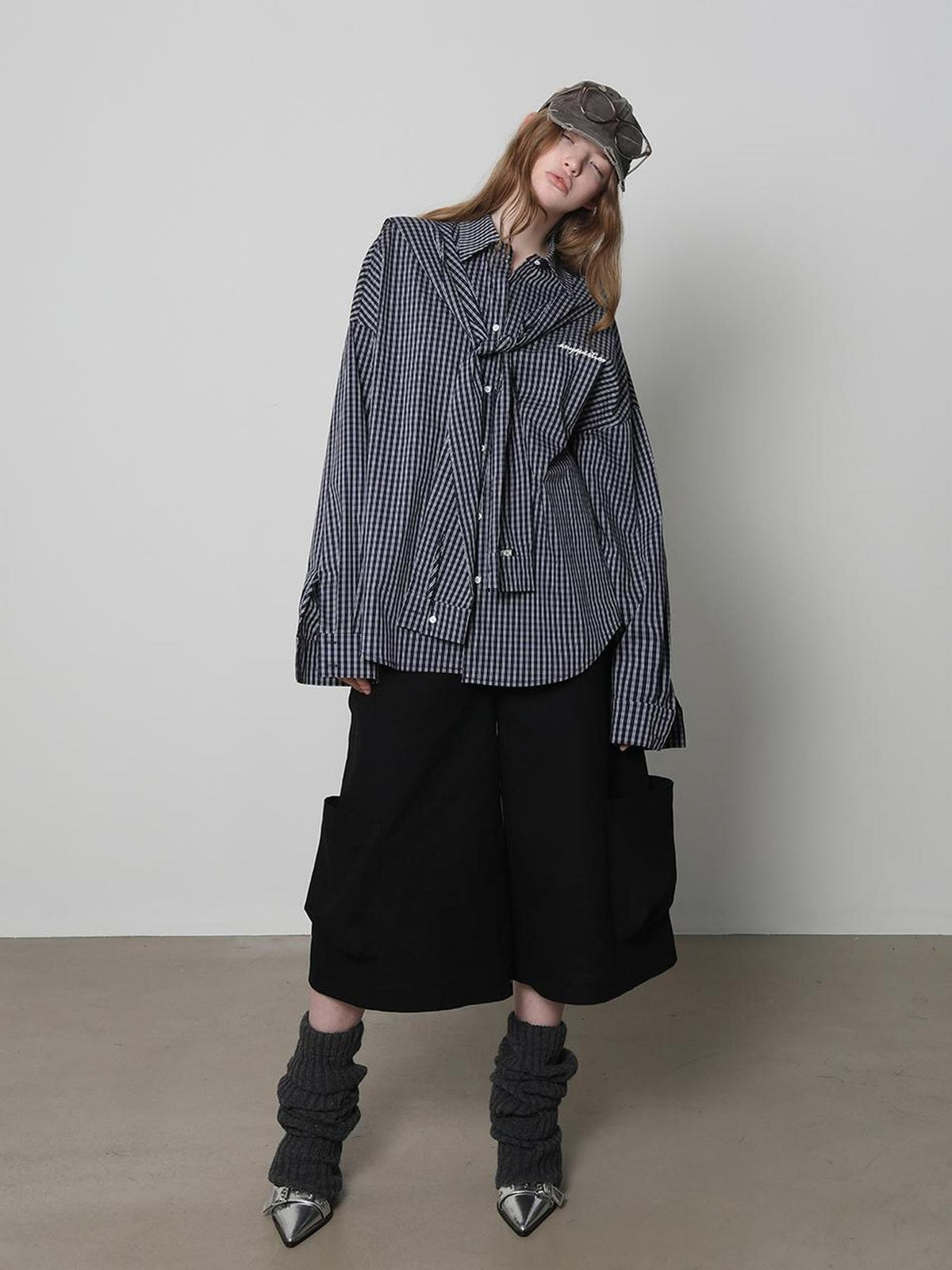 Beige And Navy Detachable Hood Plaid Longsleeve Women&