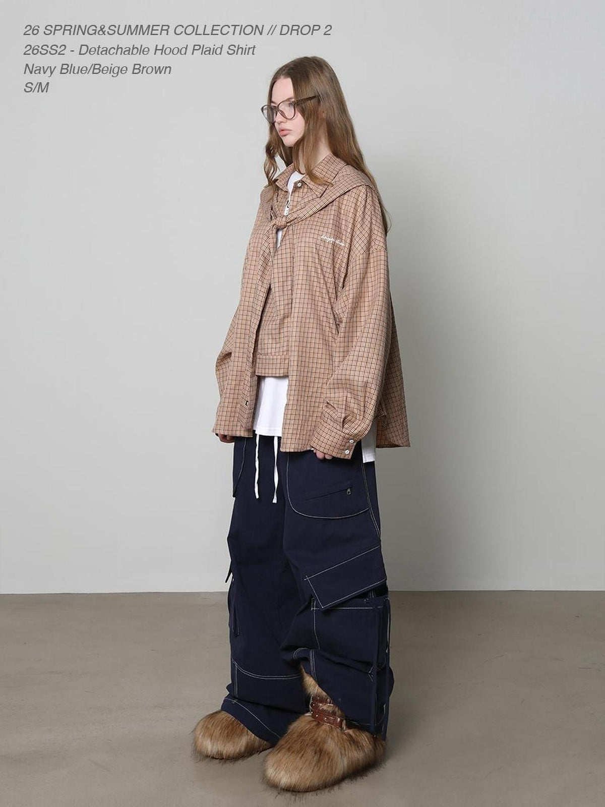 Beige And Navy Detachable Hood Plaid Longsleeve Women&