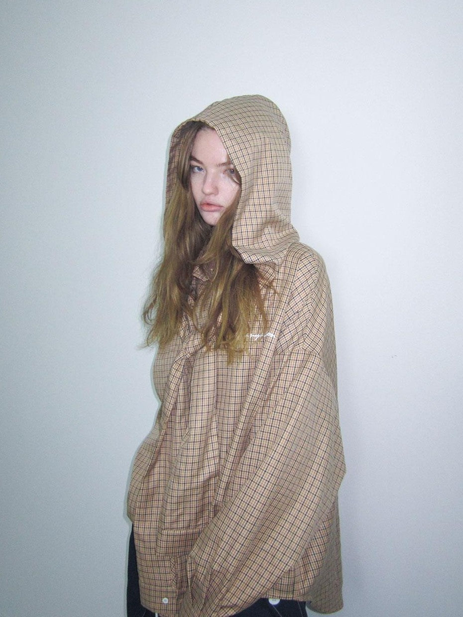 Beige And Navy Detachable Hood Plaid Longsleeve Women&