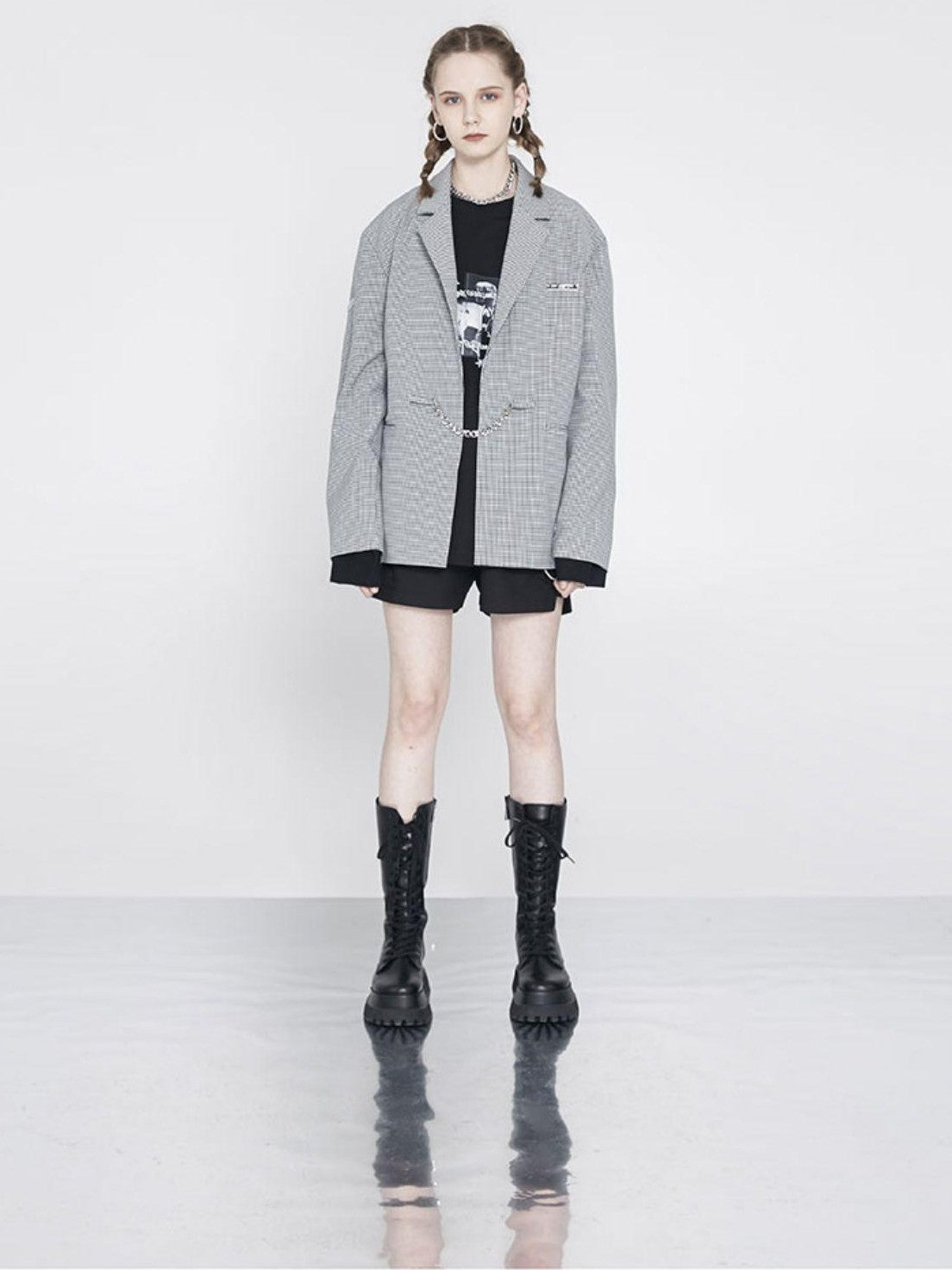 ANYQUESTION Black And White Check Boxy Silhouette Silver Chain Embellished Women&