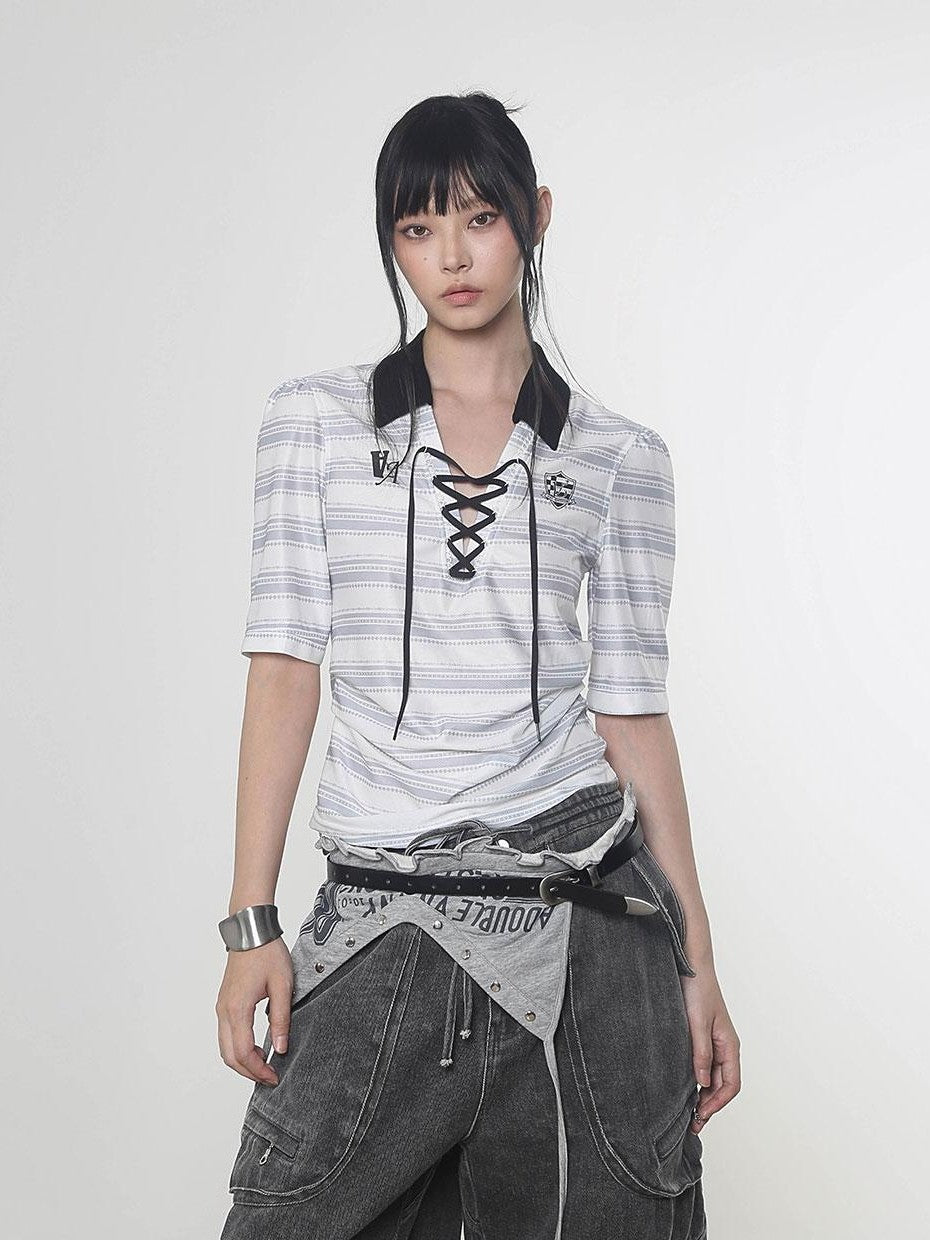 ANYQUESTION Black And White Striped V-neck Tie Ruched Women&