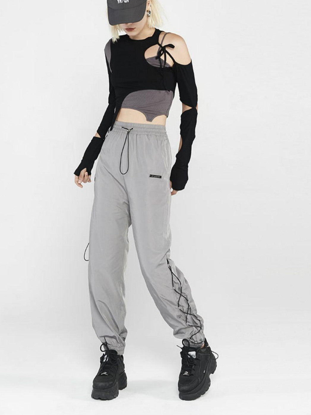 ANYQUESTION Black Gray Deconstructed Tie Detachable Slim Knit Women&