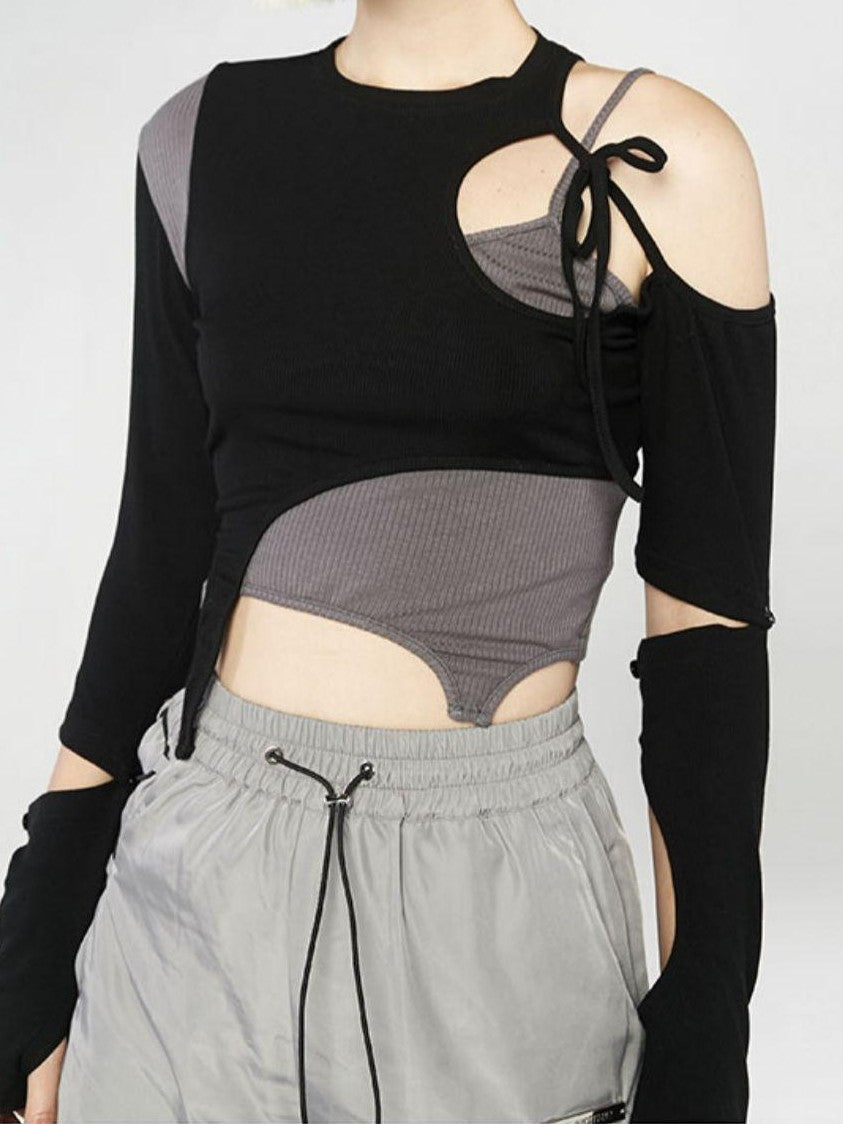 ANYQUESTION Black Gray Deconstructed Tie Detachable Slim Knit Women&