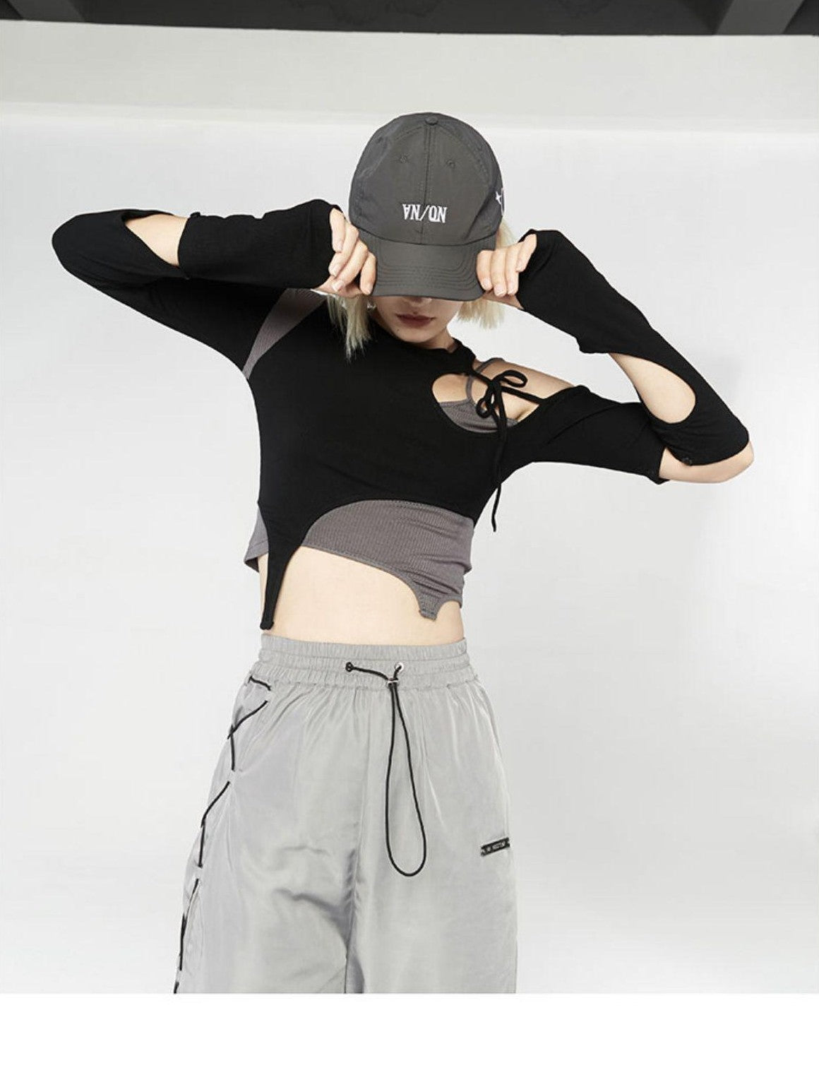 ANYQUESTION Black Gray Deconstructed Tie Detachable Slim Knit Women&