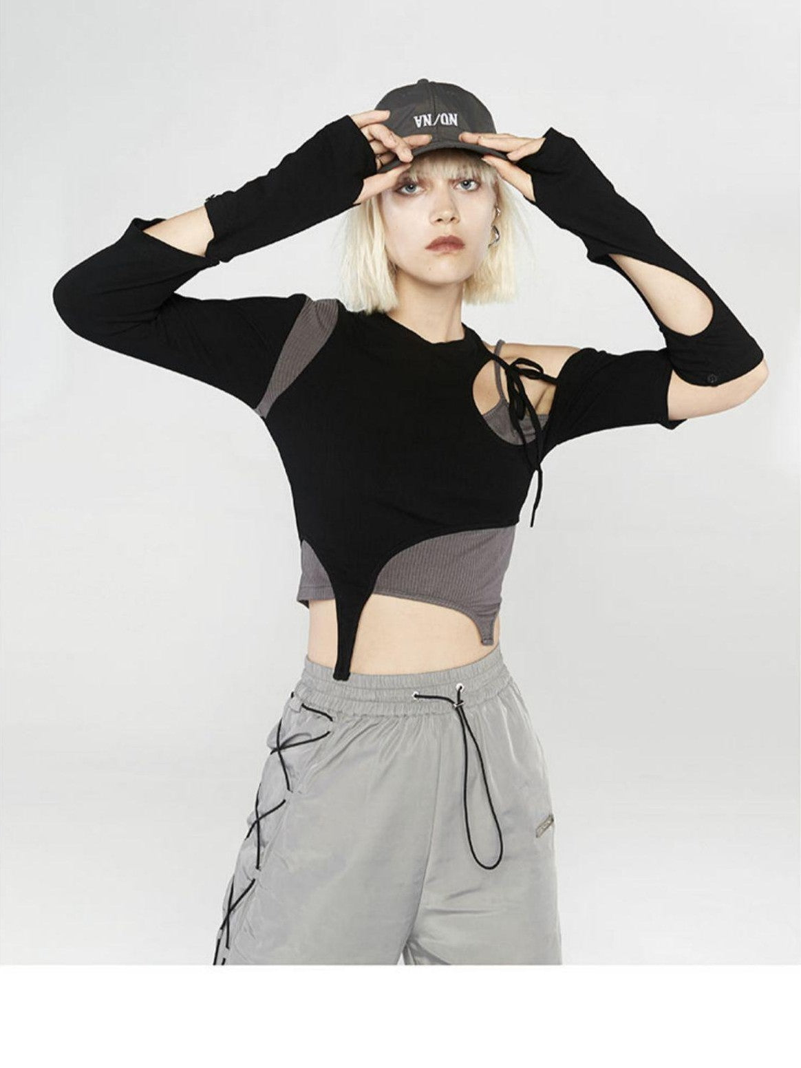 ANYQUESTION Black Gray Deconstructed Tie Detachable Slim Knit Women&