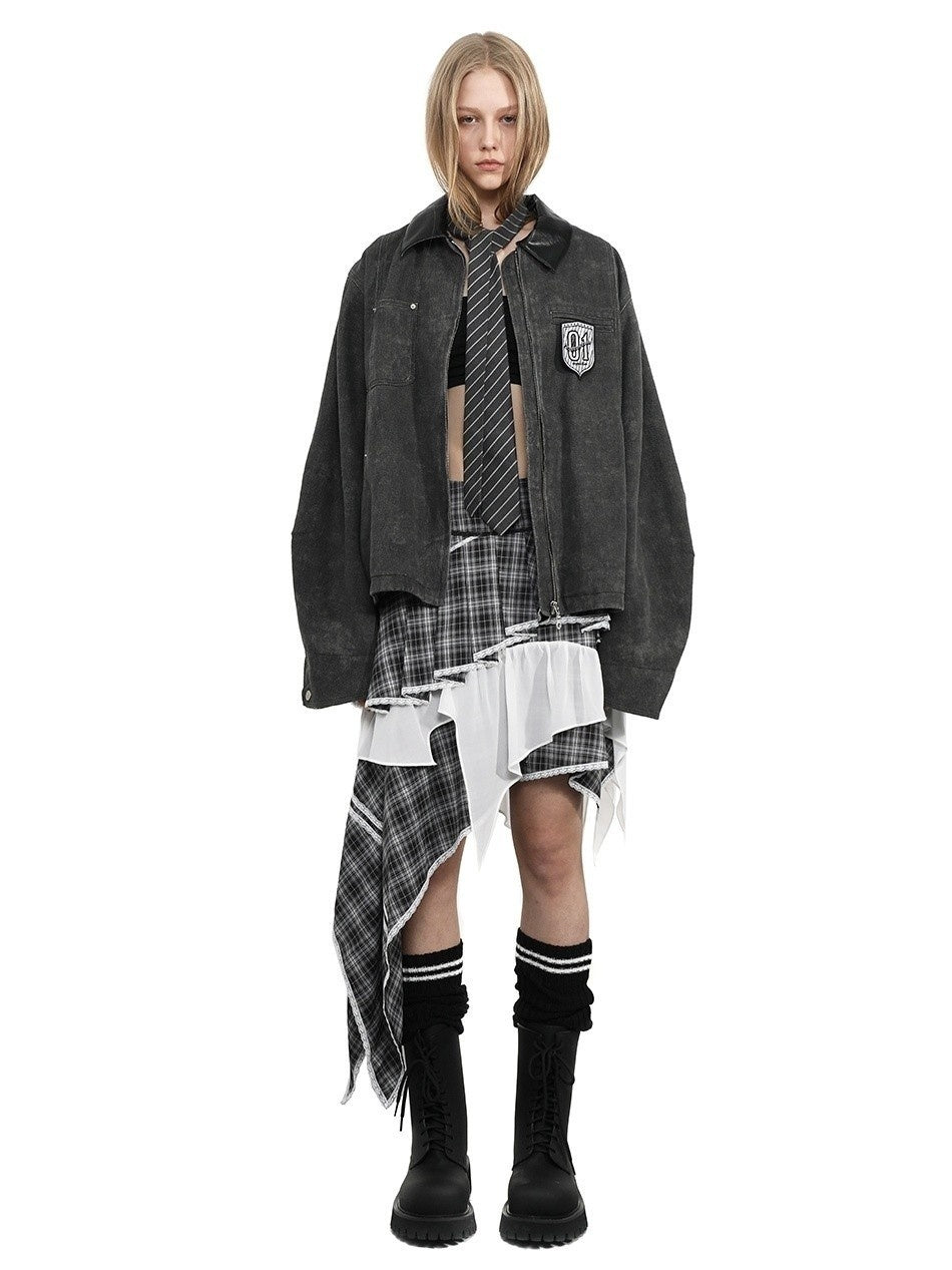 ANYQUESTION_Black_Gray_Distressed_Twill_Leather_Collar_Women&