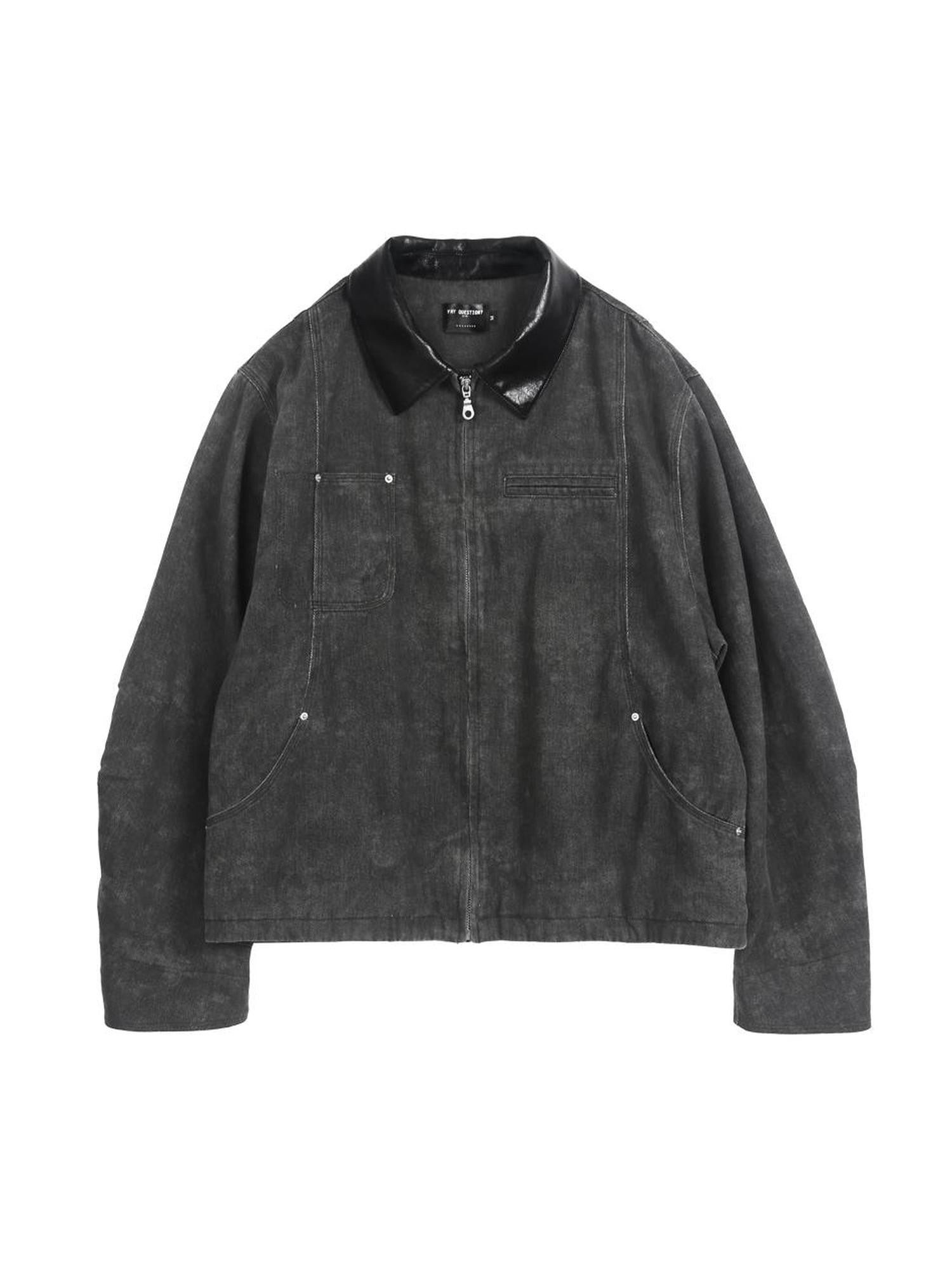 ANYQUESTION Black Gray Distressed Twill Leather Collar Women&