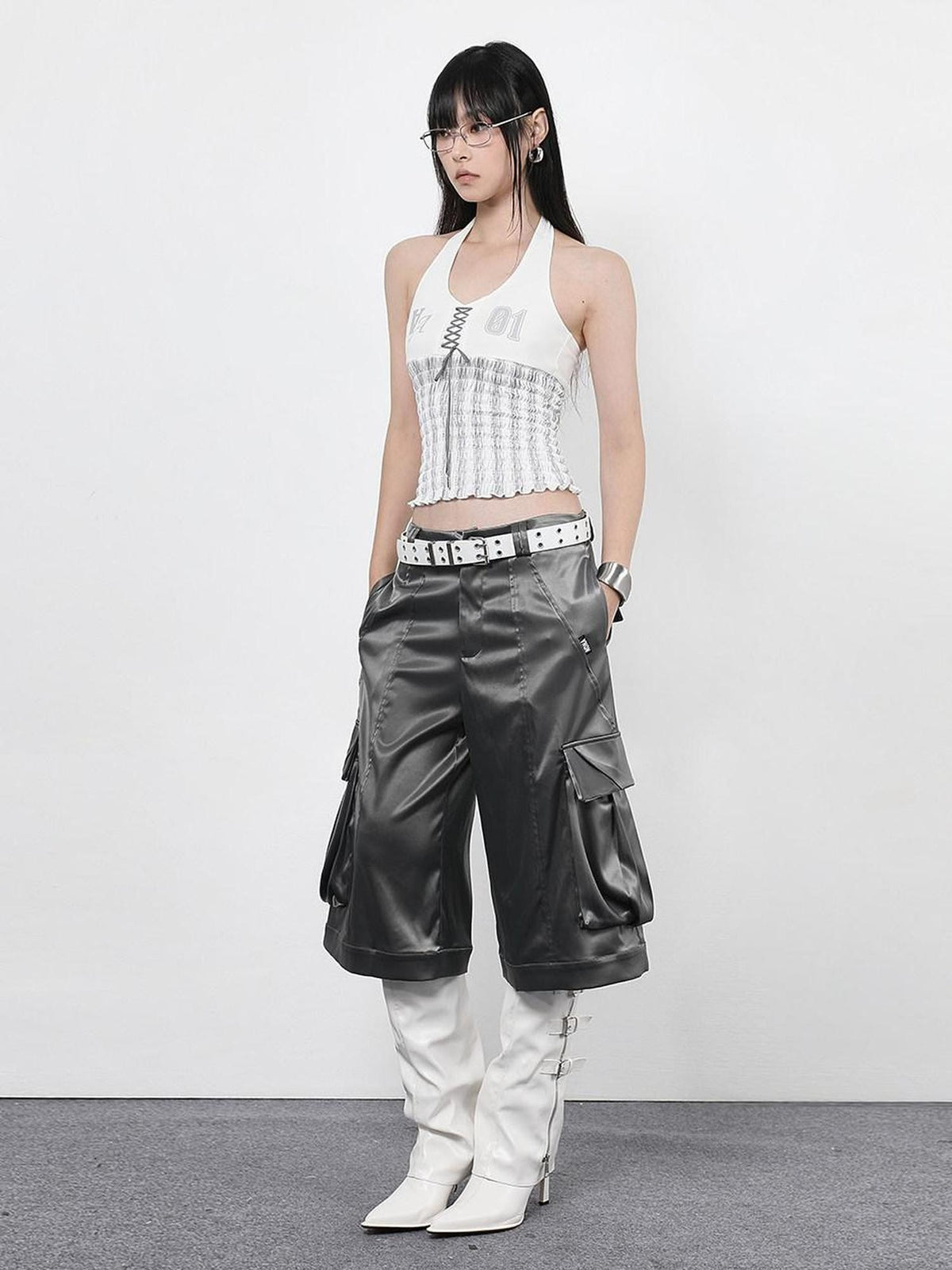 ANYQUESTION Black Gray Green Low Waist Pocket Cargo Women&