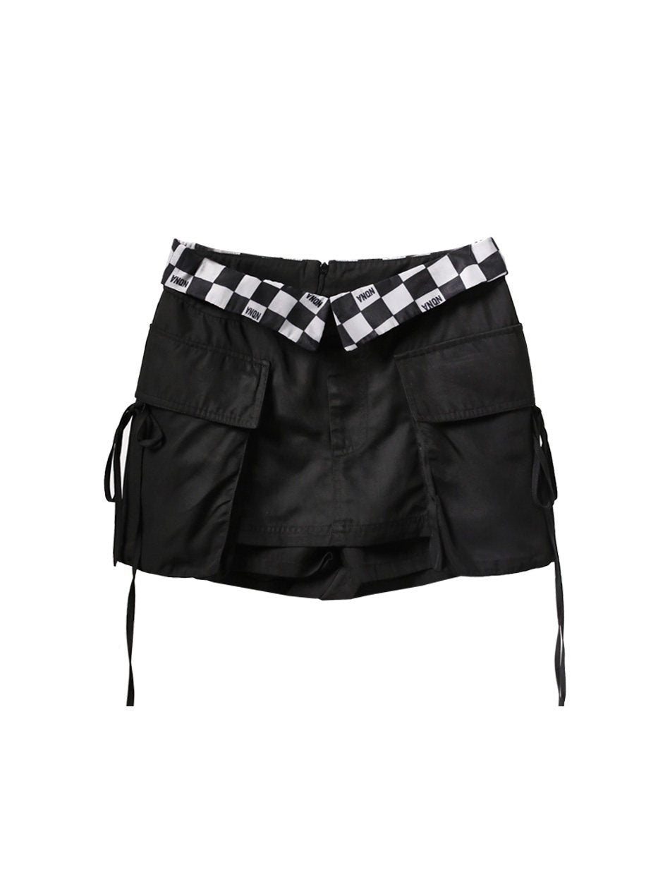 ANYQUESTION_Black_Grey_Checkerboard_Foldover_Waist_Patch_Pocket_Women&