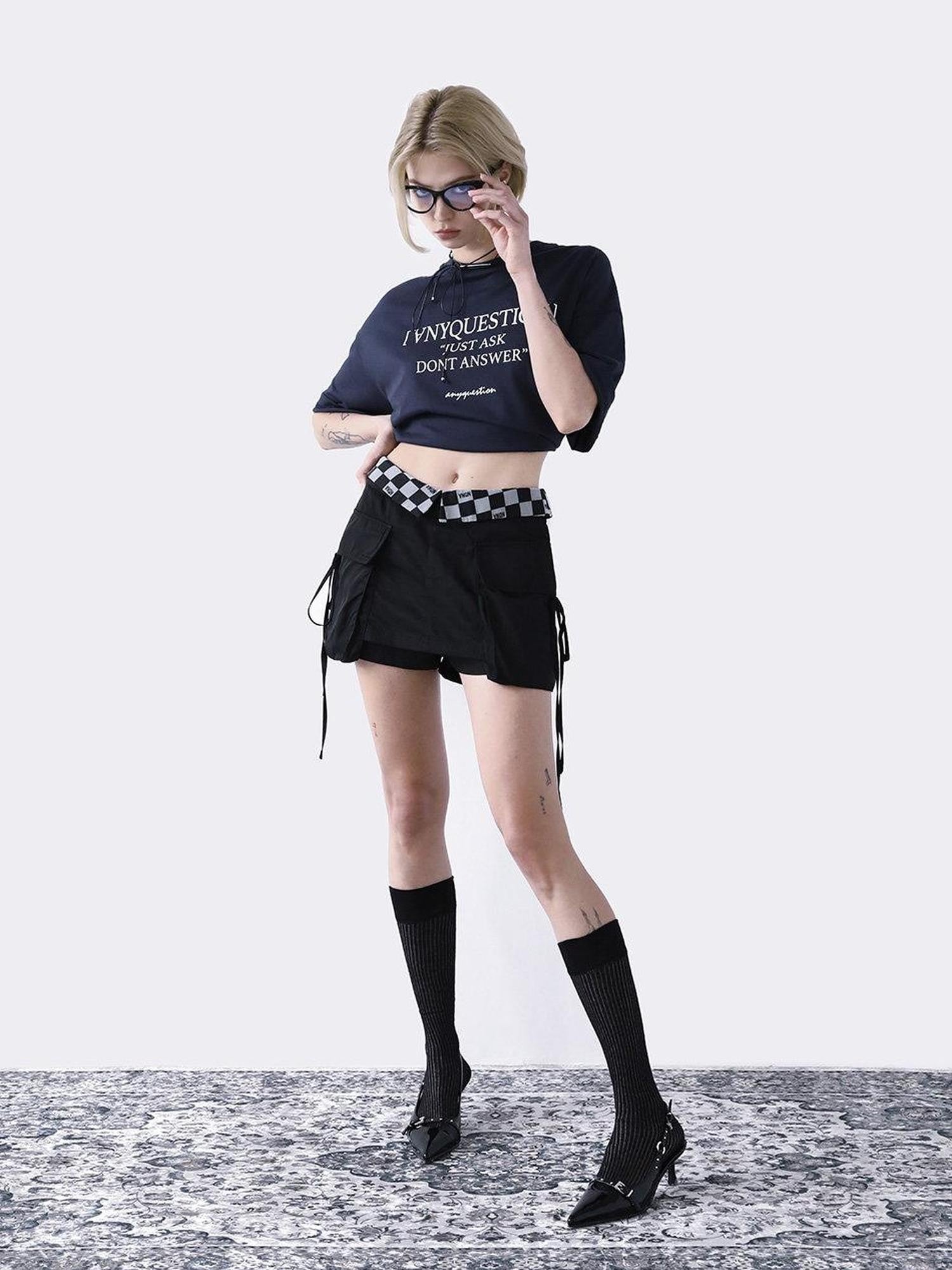 ANYQUESTION Black Grey Checkerboard Foldover Waist Patch Pocket Women&
