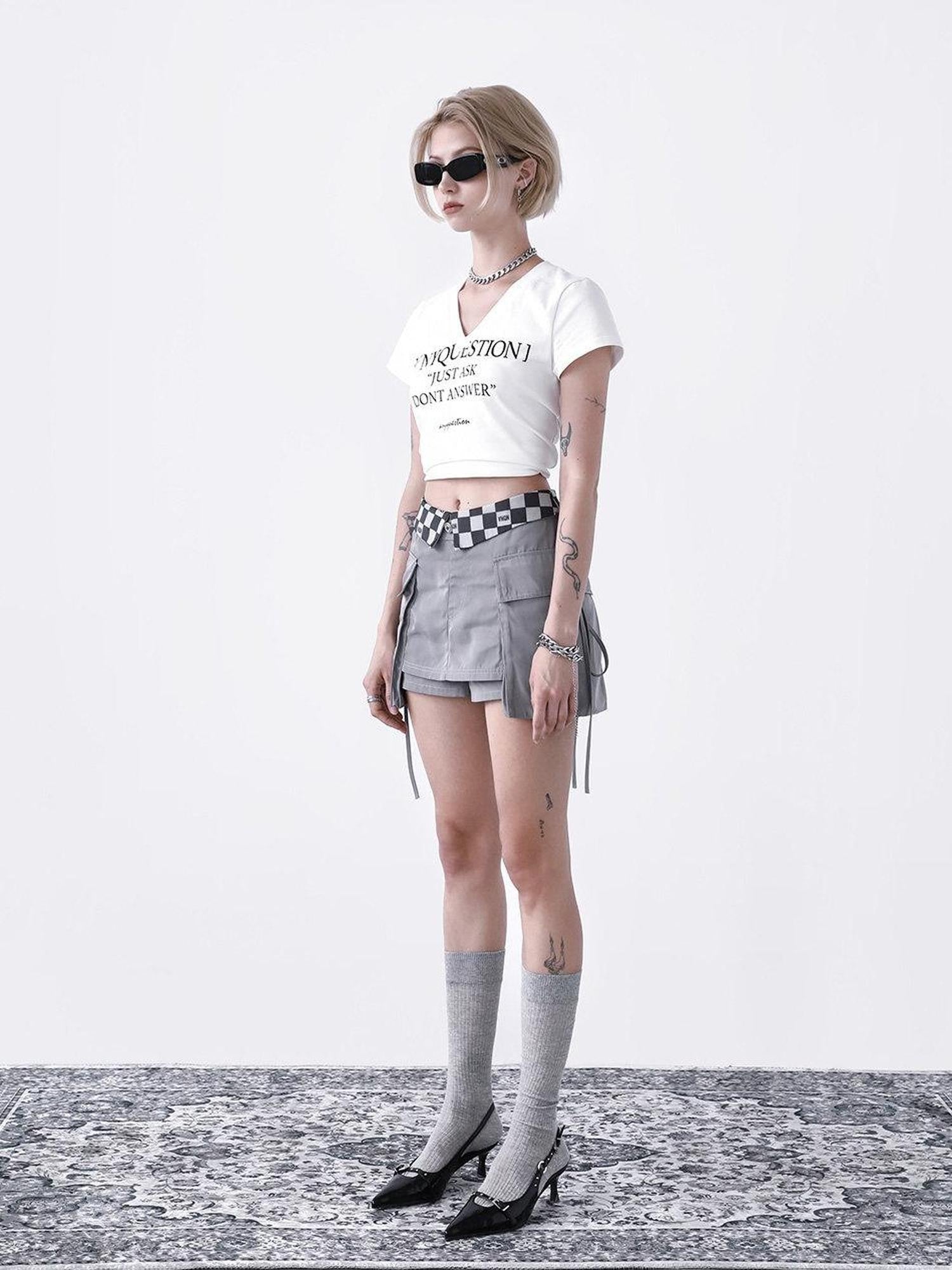ANYQUESTION Black Grey Checkerboard Foldover Waist Patch Pocket Women&