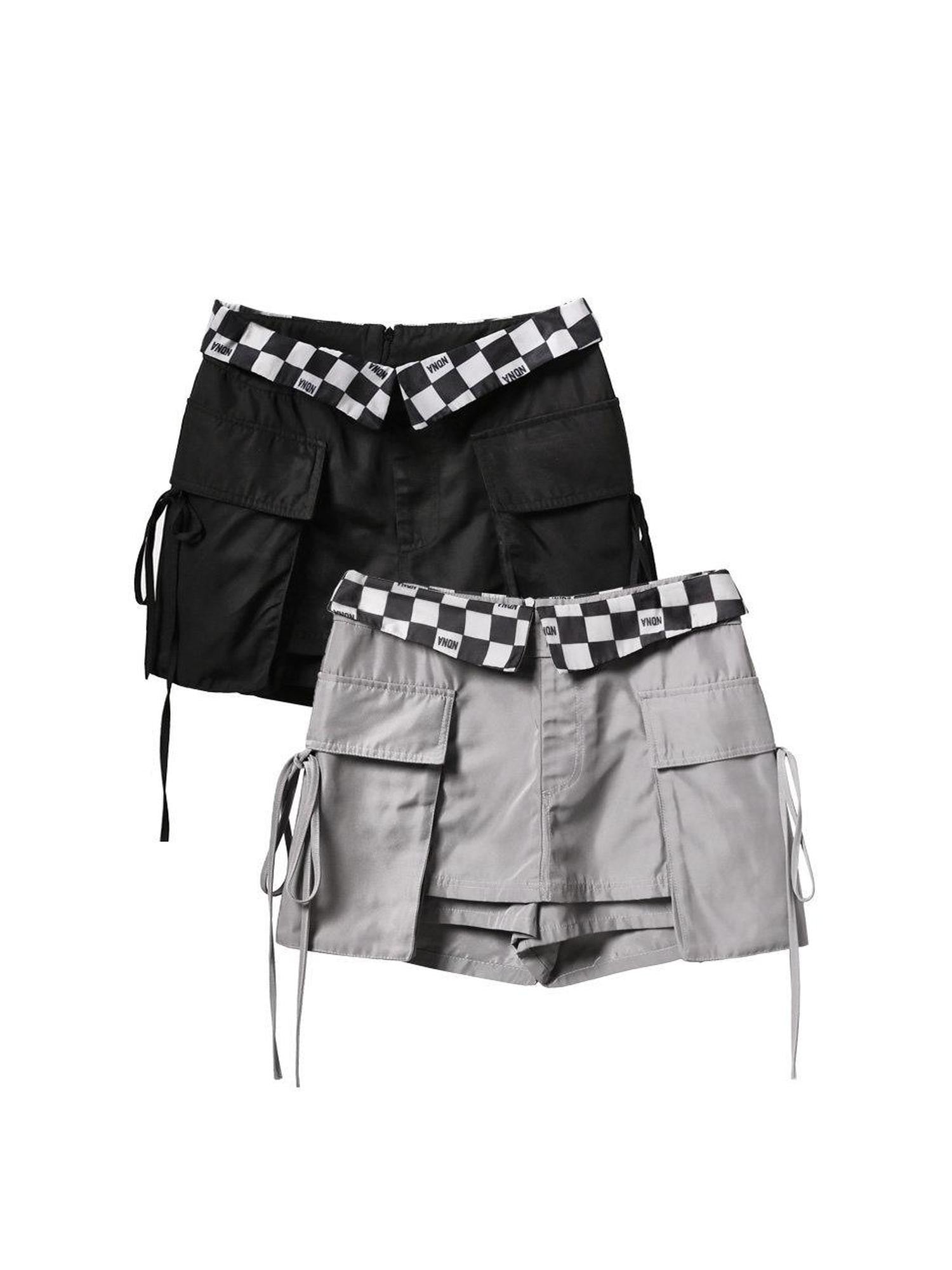ANYQUESTION Black Grey Checkerboard Foldover Waist Patch Pocket Women&