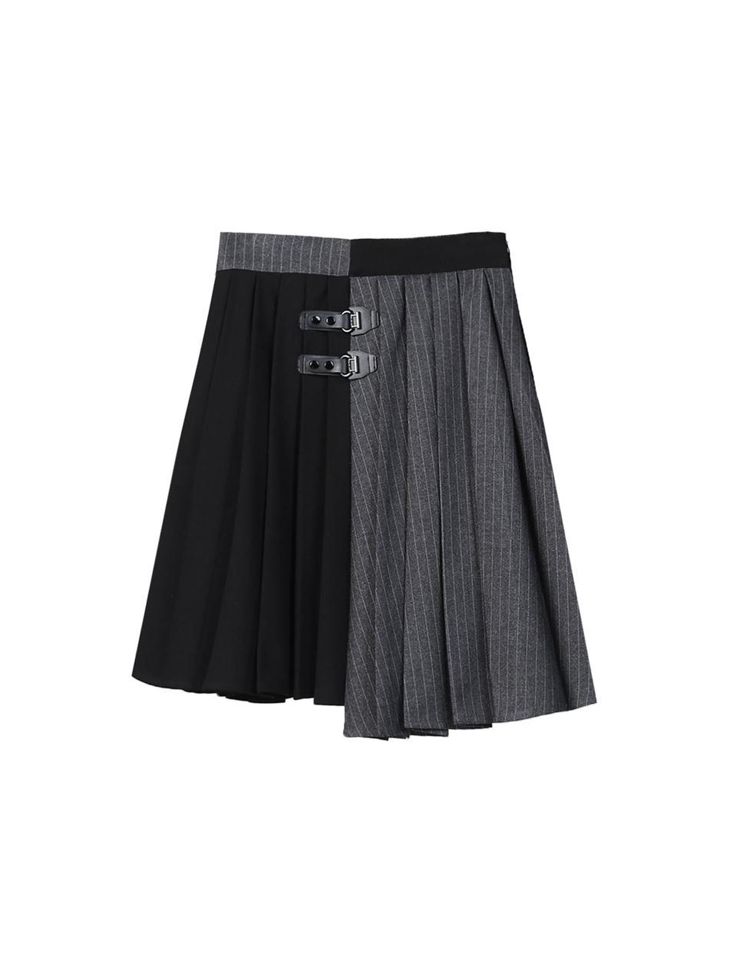 ANYQUESTION Black Grey Colorblock Asymmetric Pleated Women&