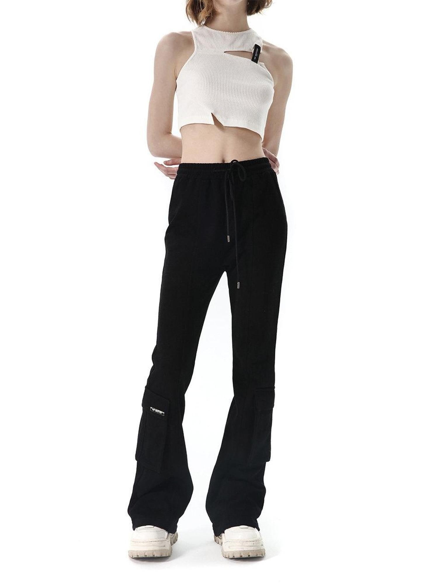 ANYQUESTION Black Grey Elastic Waist Patch Pocket Women&