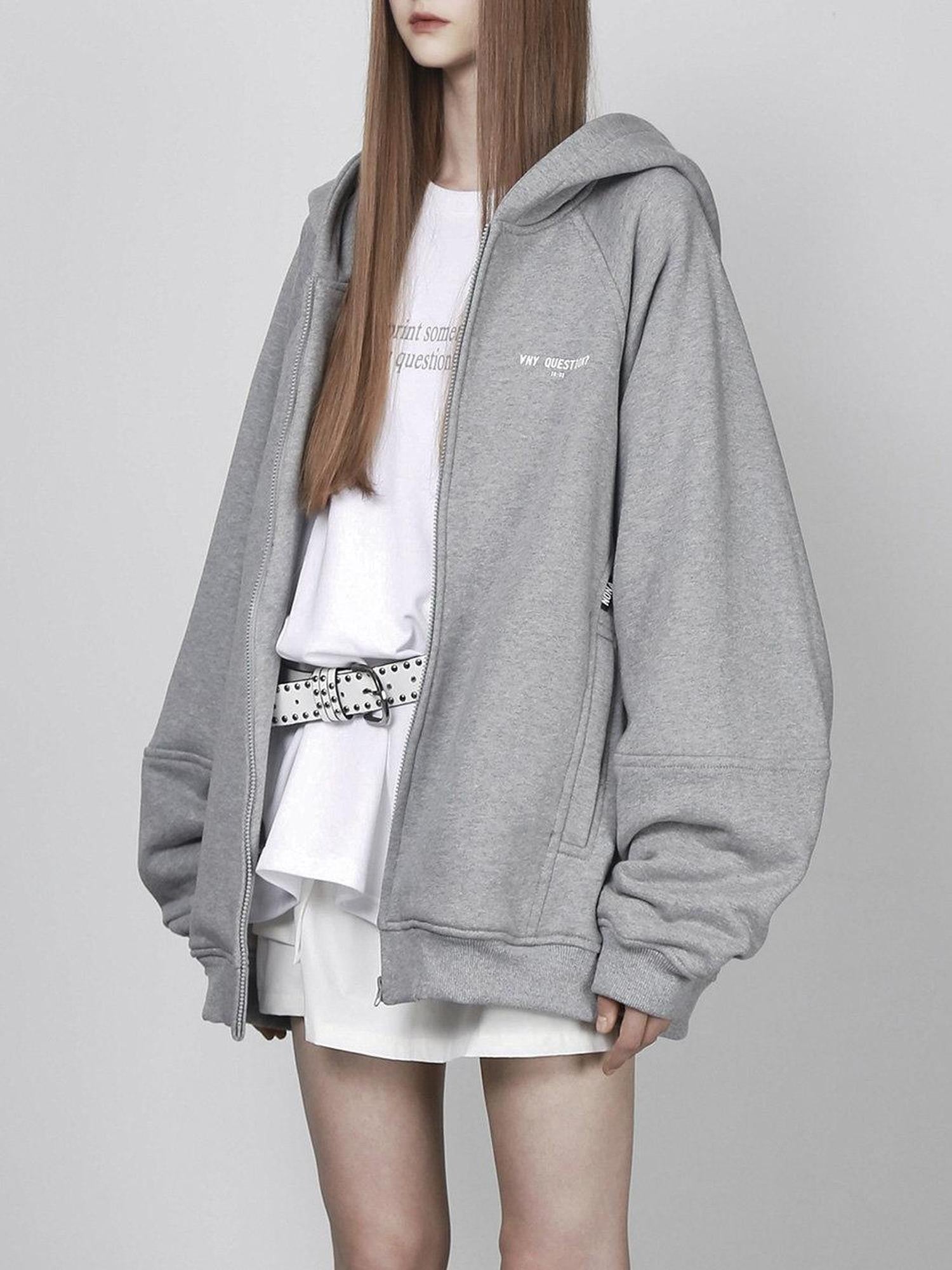 ANYQUESTION Black Grey Oversized Zip Long Sleeve Loose Women&