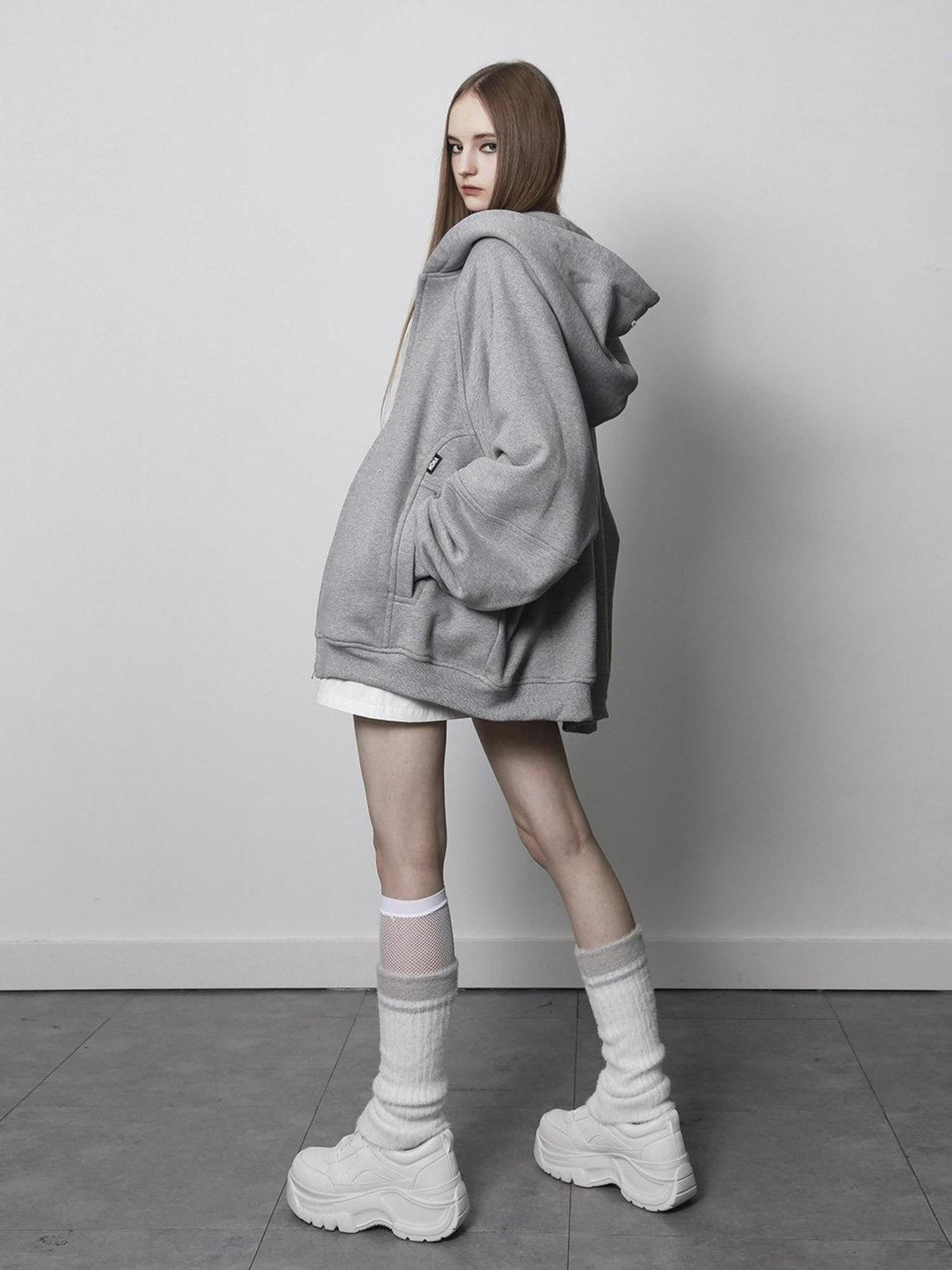 ANYQUESTION Black Grey Oversized Zip Long Sleeve Loose Women&