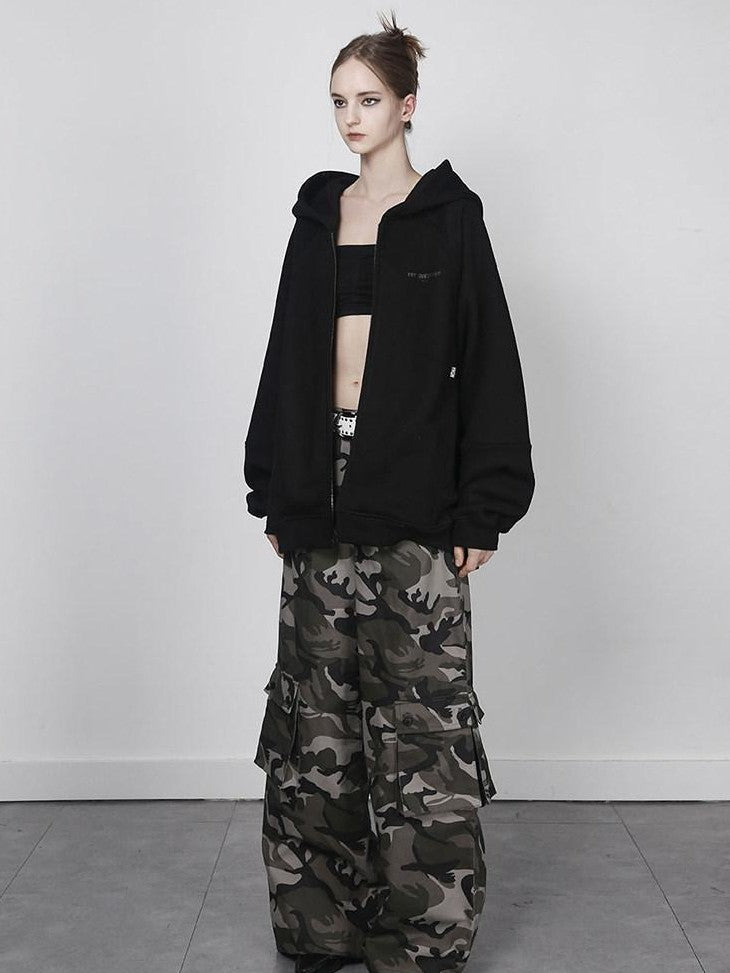 ANYQUESTION Black Grey Oversized Zip Long Sleeve Loose Women&