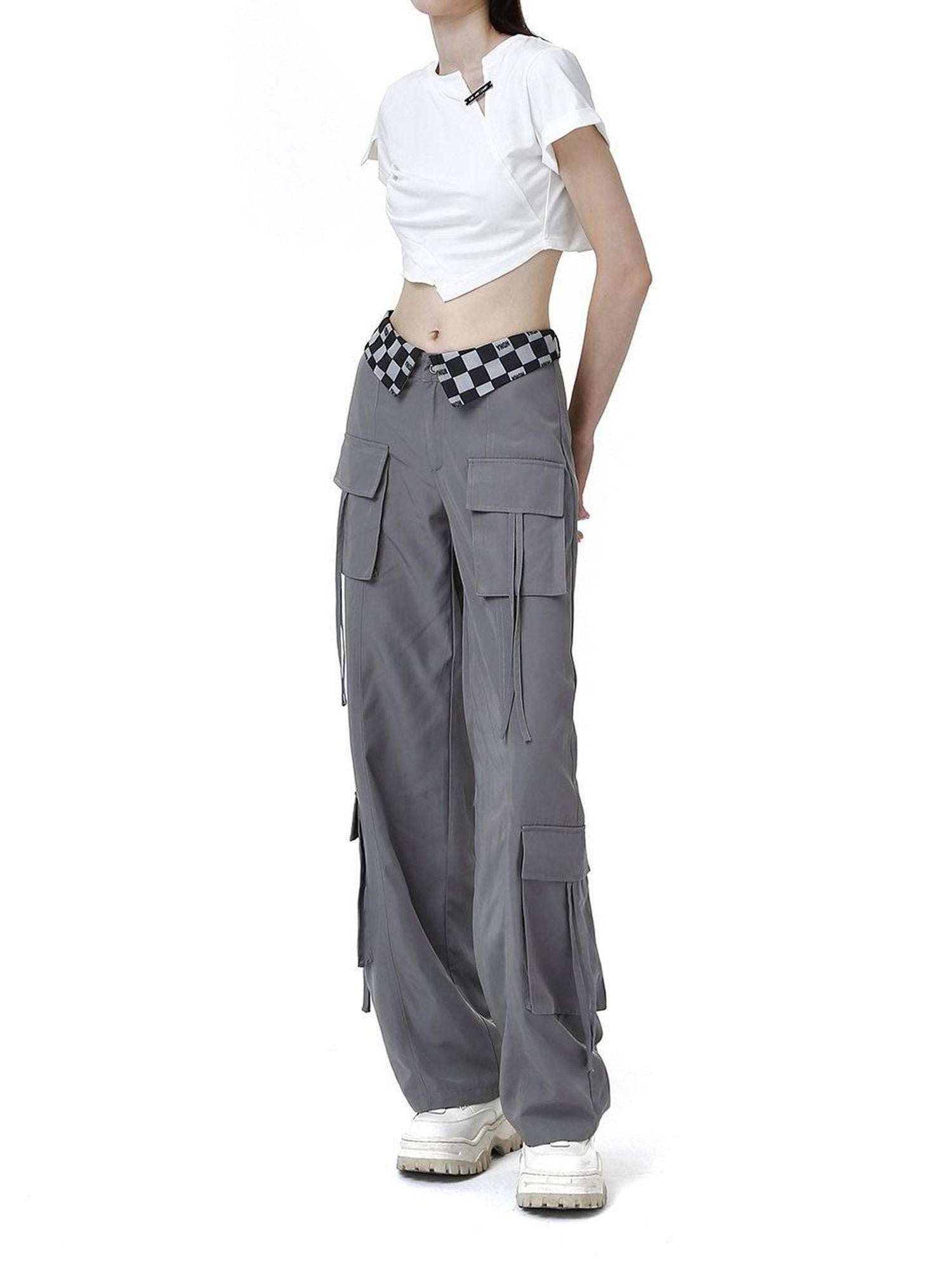 ANYQUESTION Black Grey Plaid Foldover Waistband Loose Workwear Women&