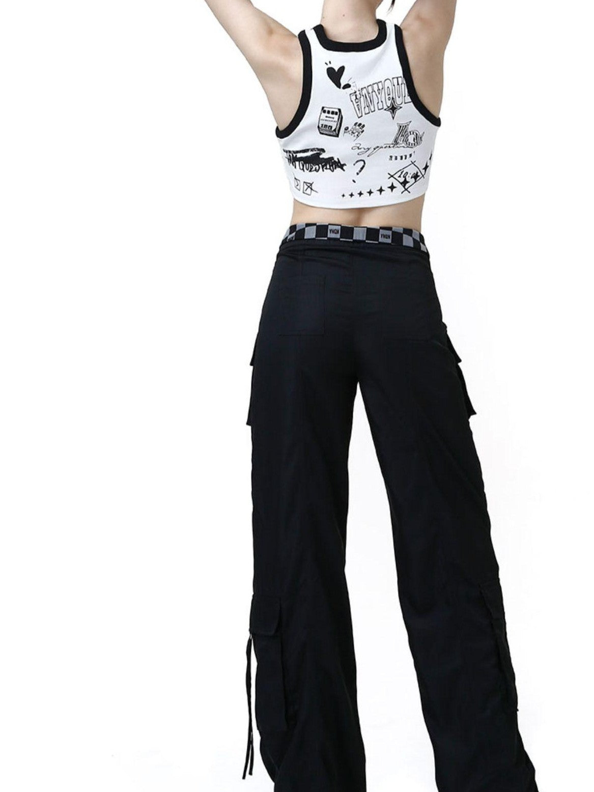 ANYQUESTION Black Grey Plaid Foldover Waistband Loose Workwear Women&
