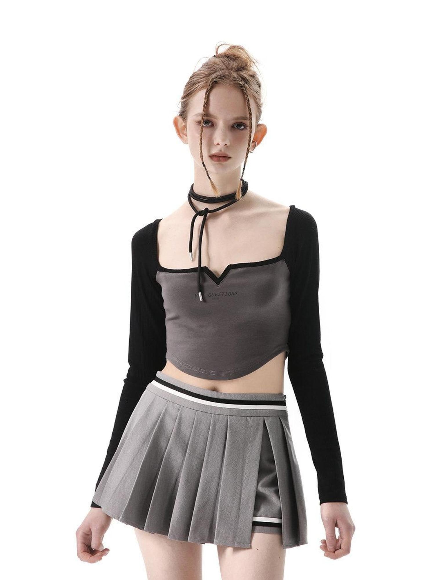 ANYQUESTION Black Grey Square Neck Cutout Women&