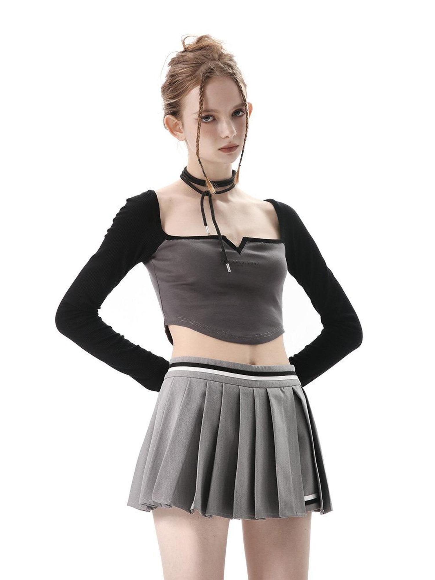 ANYQUESTION Black Grey Square Neck Cutout Women&