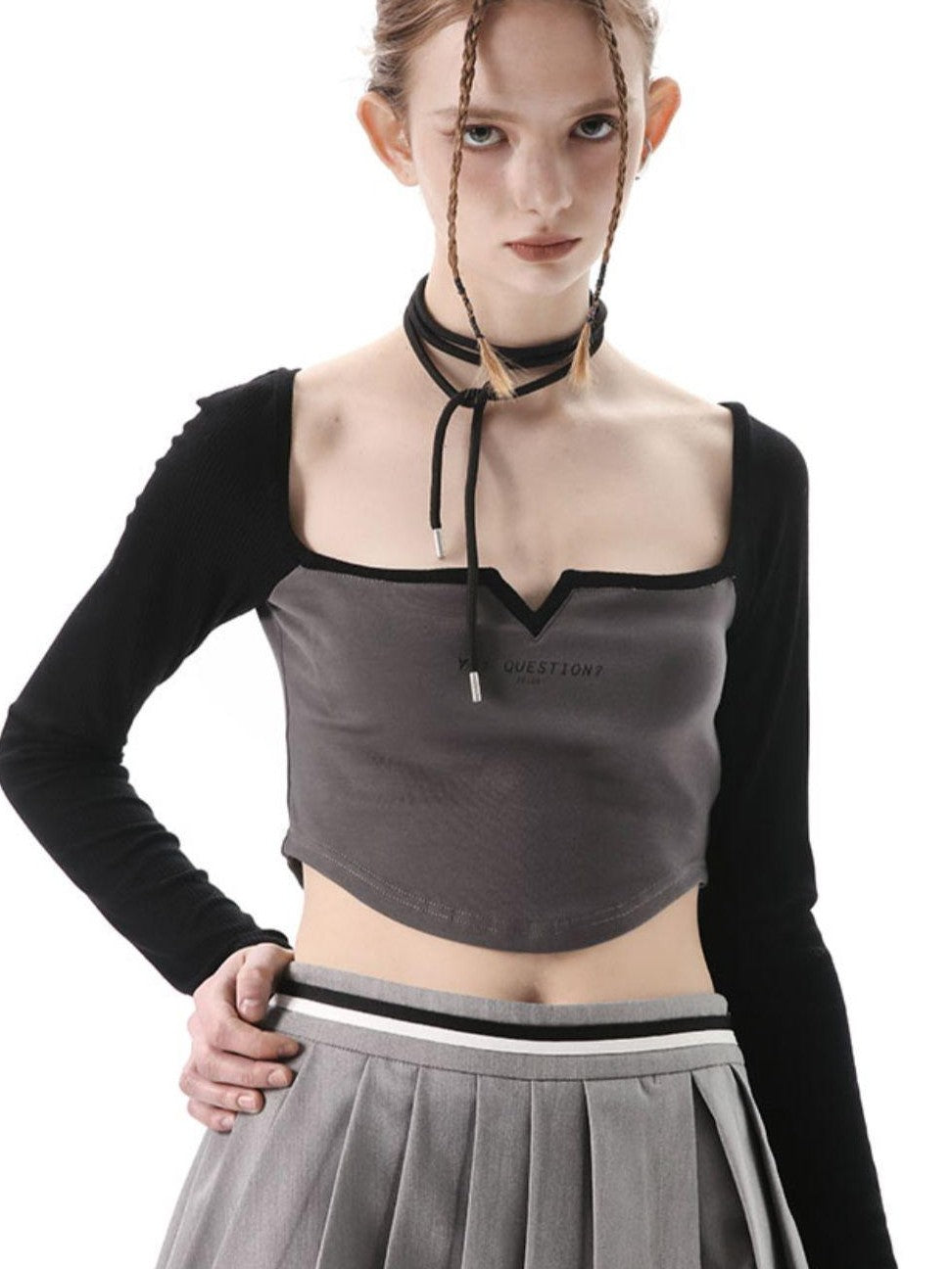 ANYQUESTION Black Grey Square Neck Cutout Women&