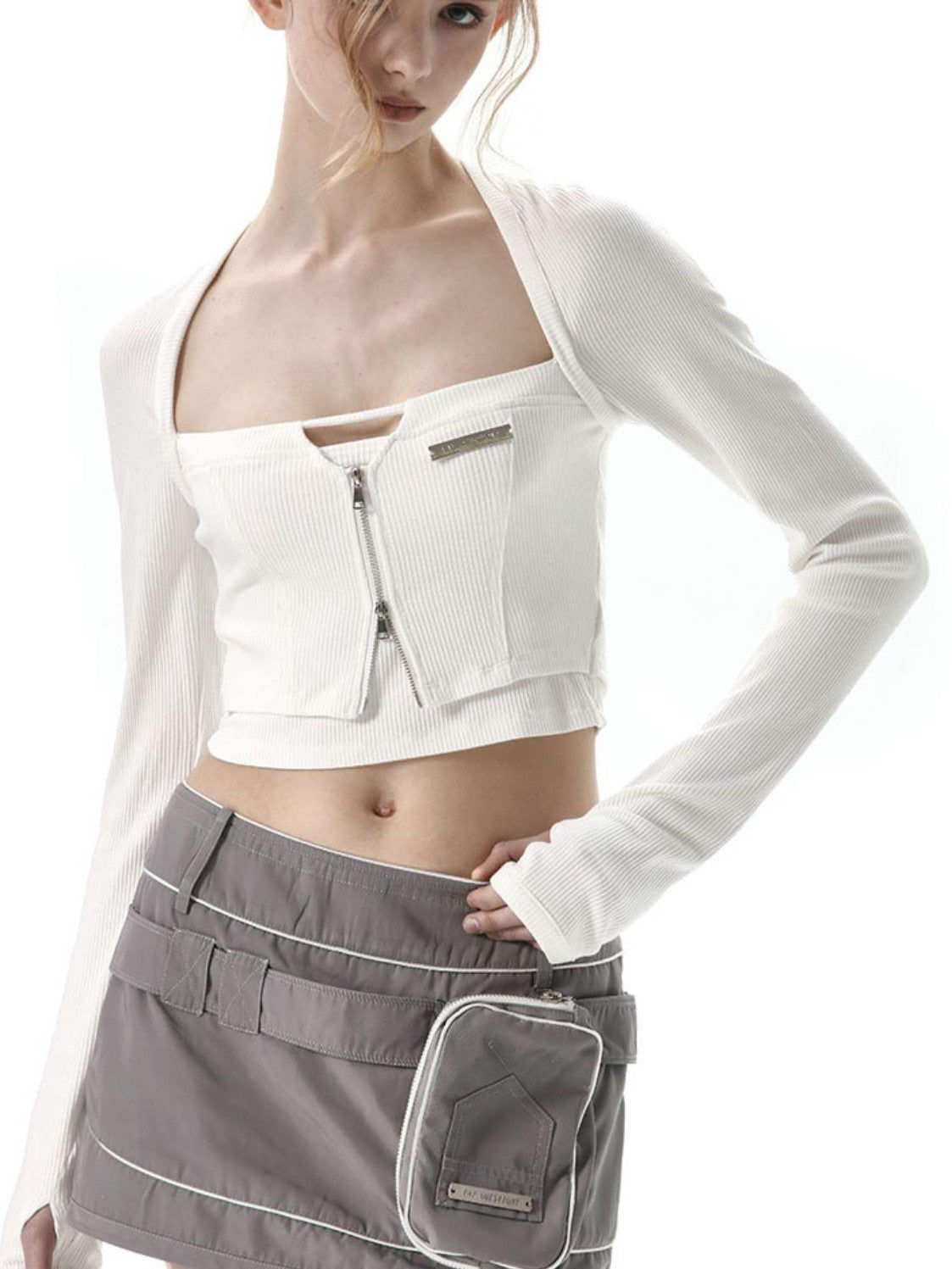 ANYQUESTION Black Grey Structured Pocket Utility Low Waist Women&