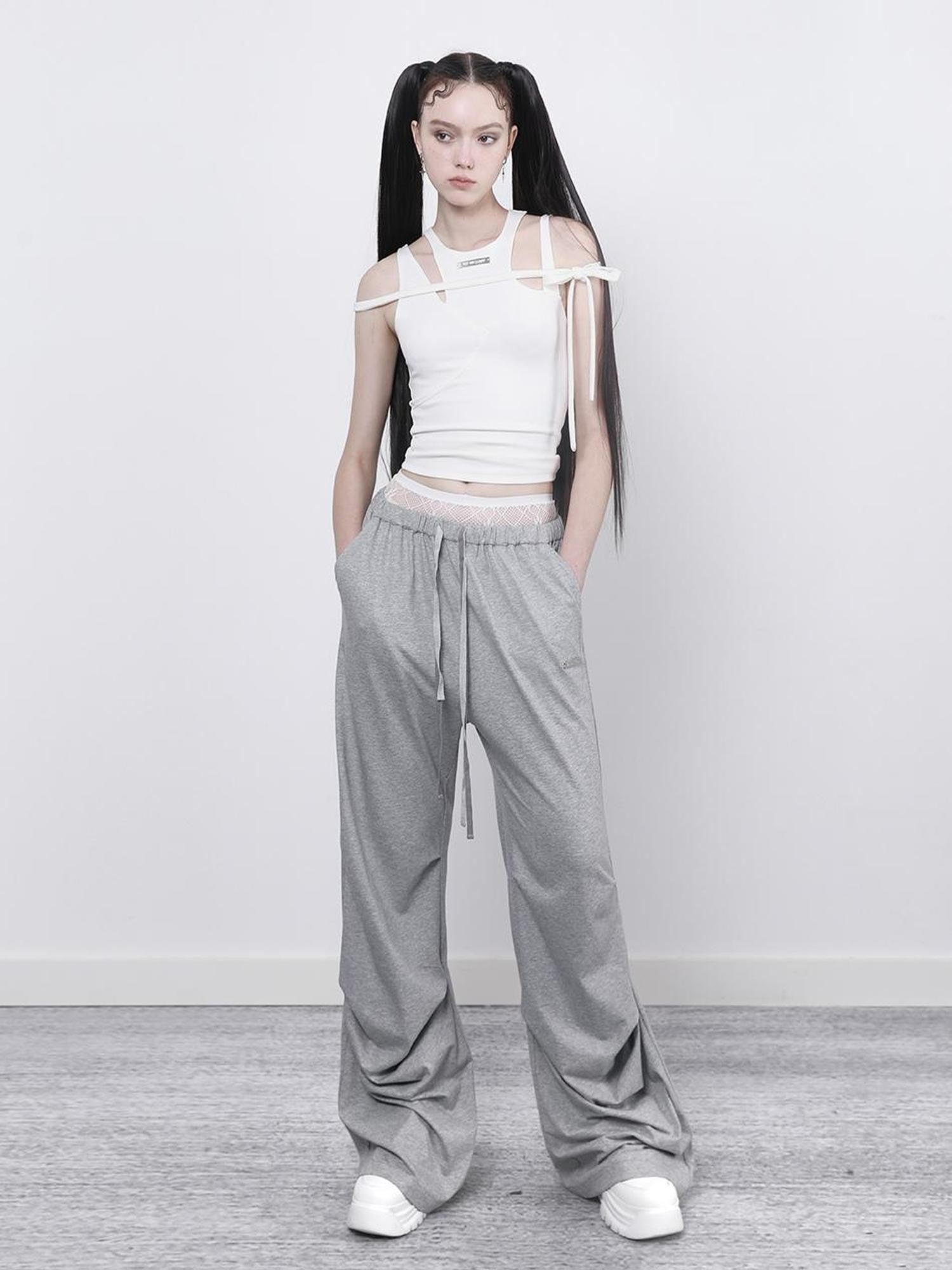 ANYQUESTION Black Grey Two Tone Pleated Wide Leg Double Waist Women&