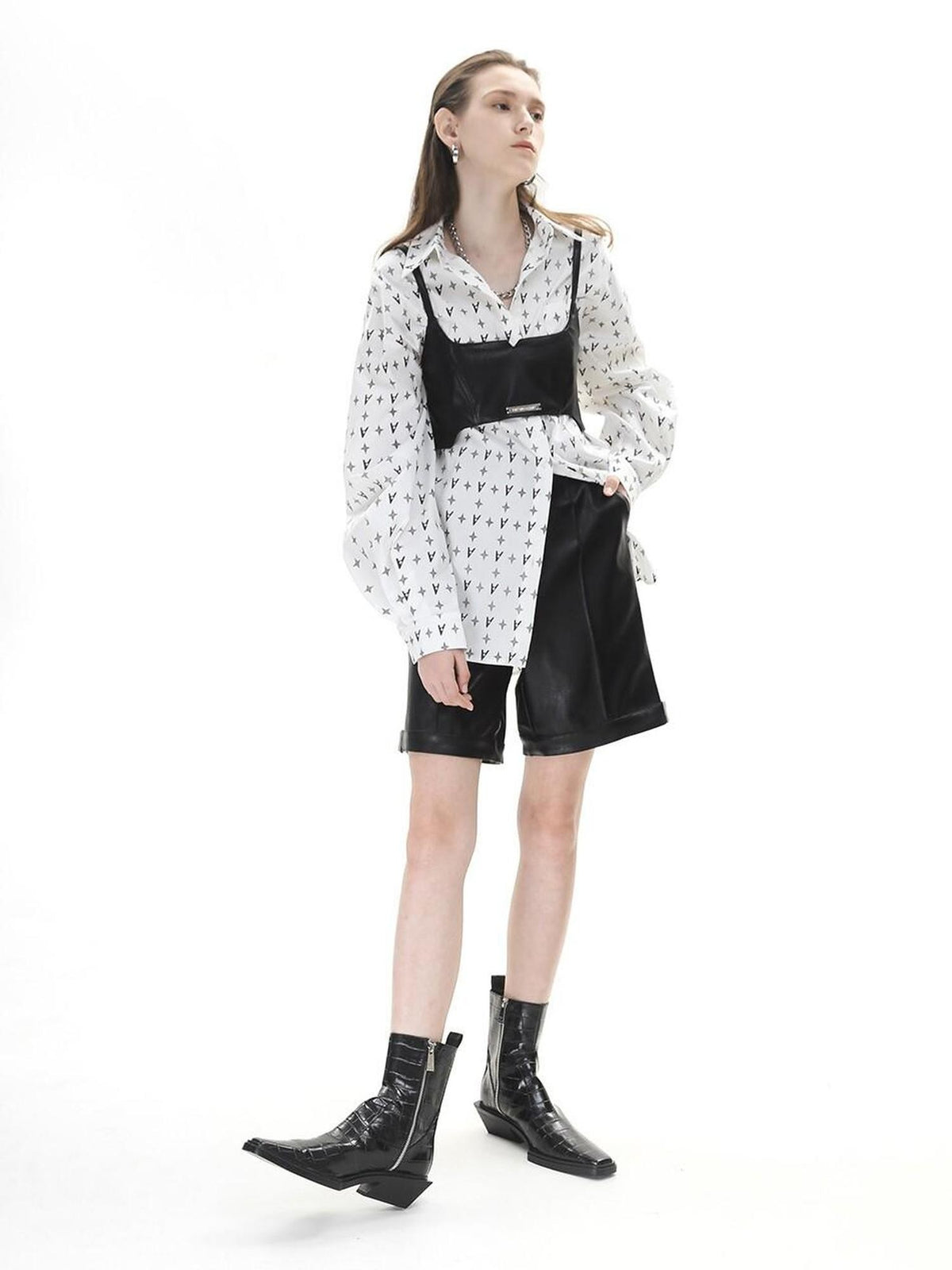 ANYQUESTION Black High Waist Straight Silver Square Buckle Hem Women&