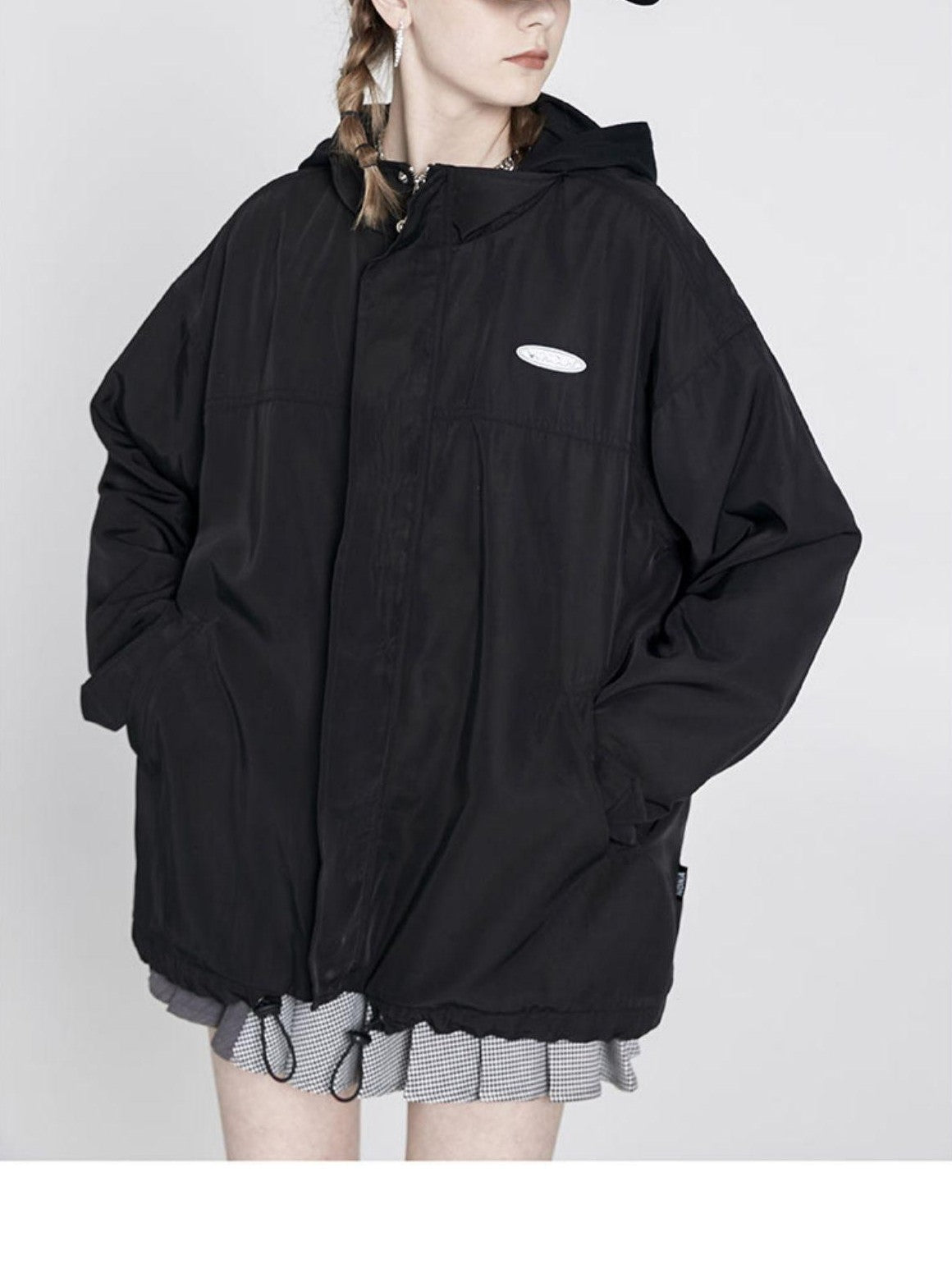 ANYQUESTION Black Hooded Loose Mid Length Zippered Street Style Women&