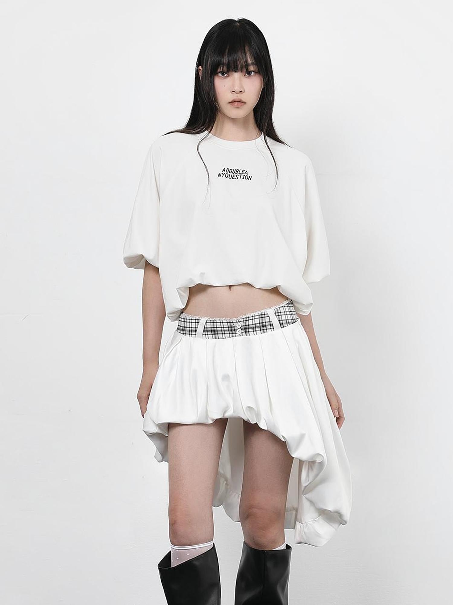 ANYQUESTION Black Letter Print Gathered Hem Round Neck Women&