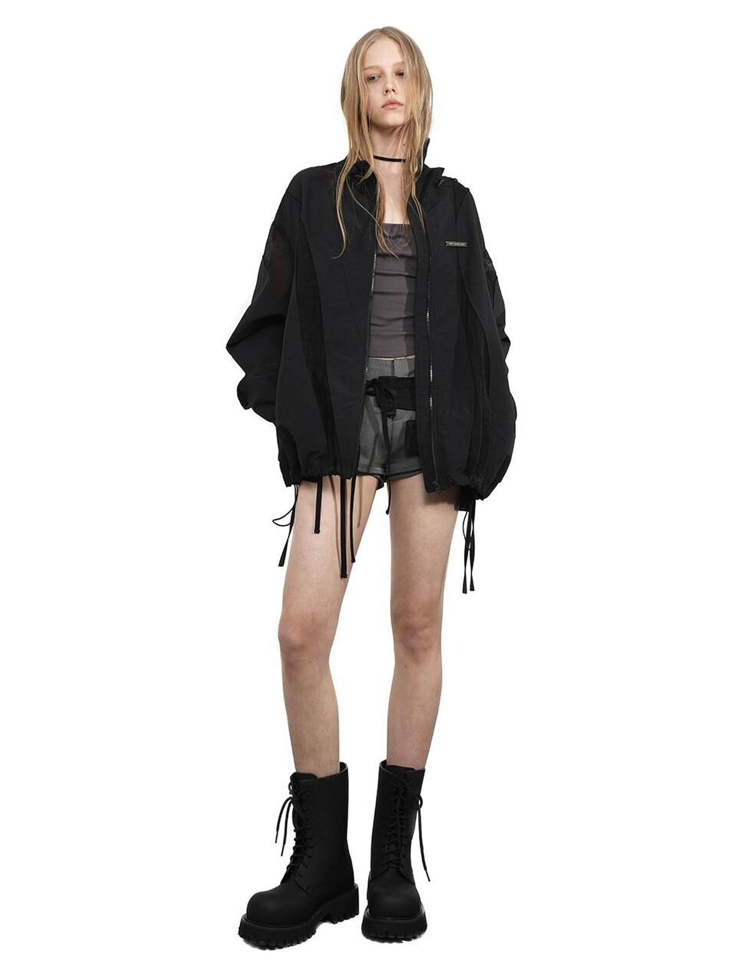 ANYQUESTION Black Mesh Panel Textured Pleated Stand Collar Women&