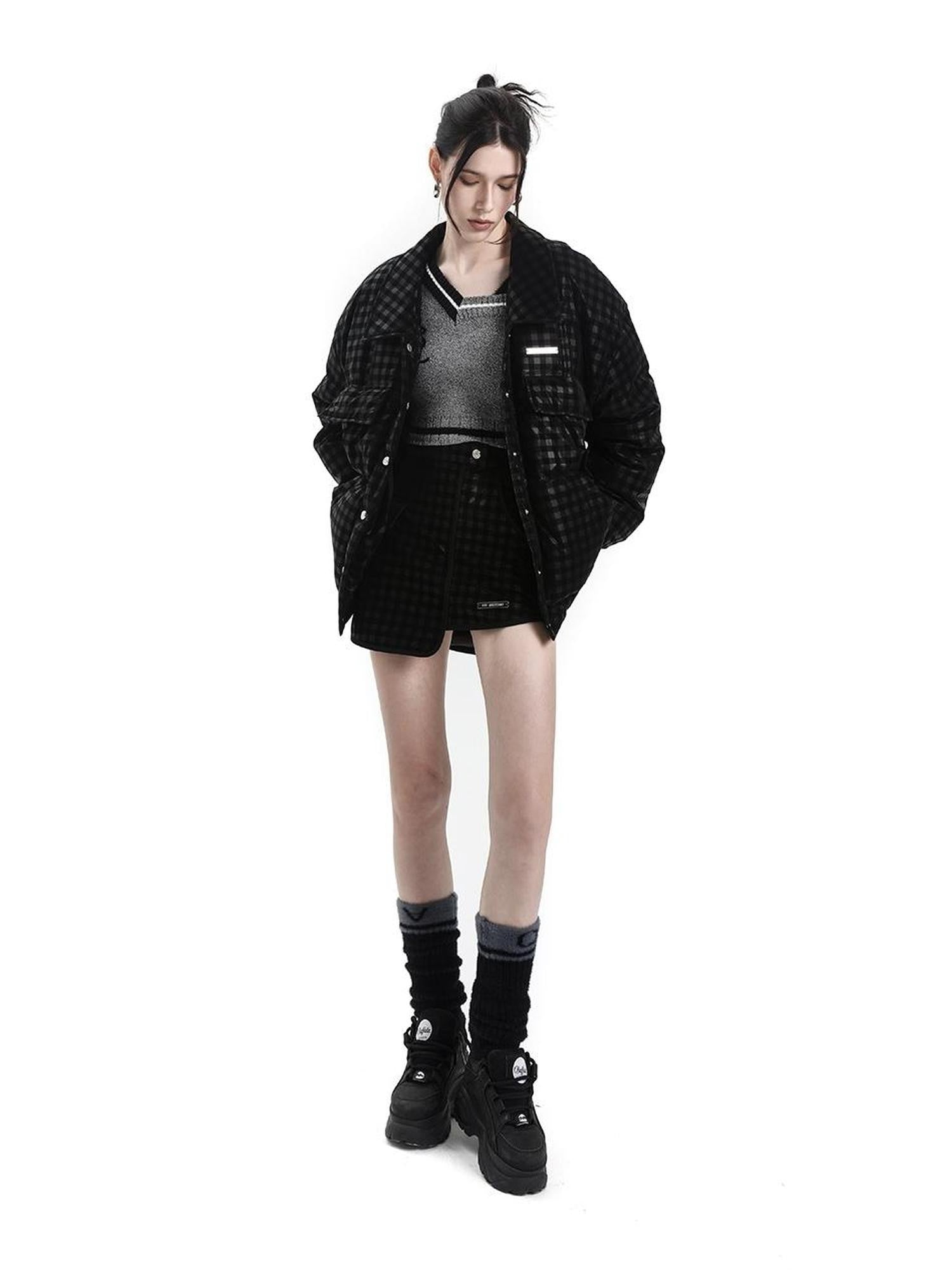ANYQUESTION Black Subtle Check Quilted Long Sleeve Women&
