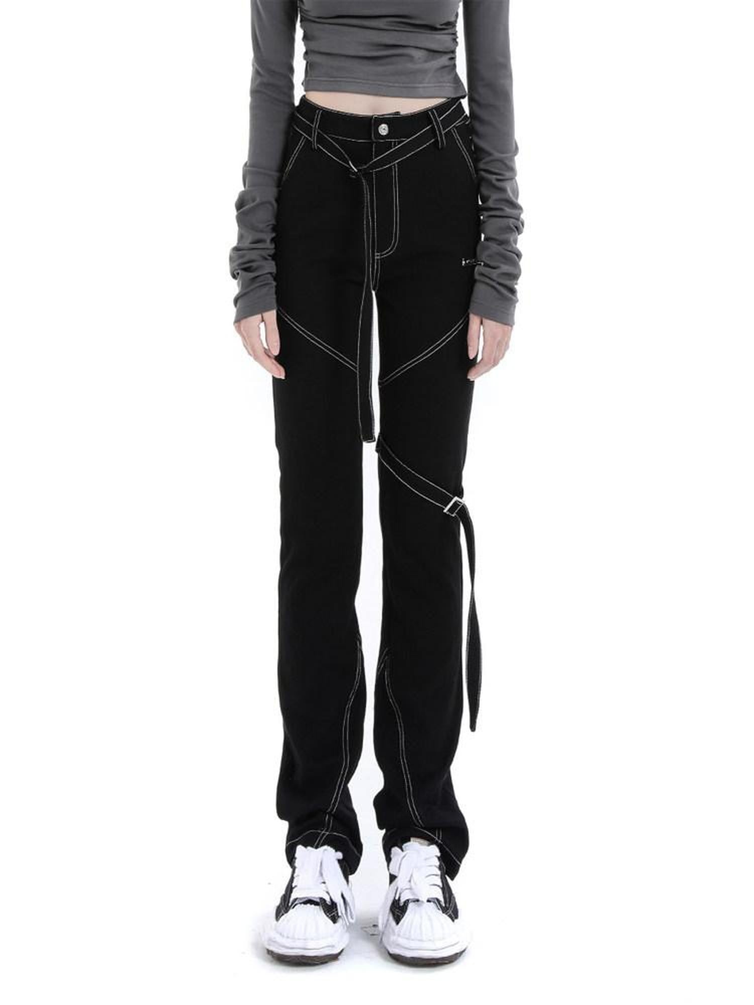 ANYQUESTION Black Topstitch Strap High Waisted Slim Straight Women&