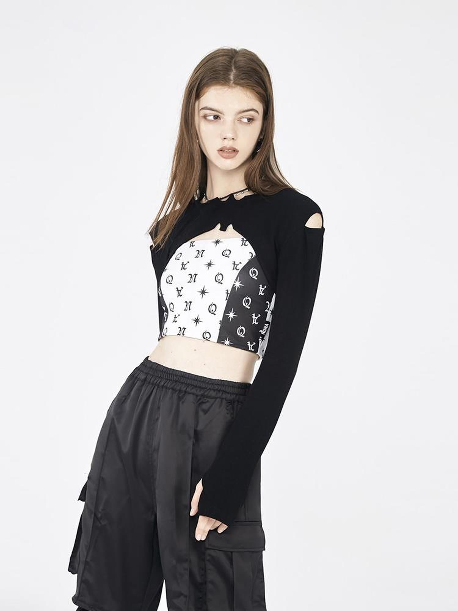 ANYQUESTION Black White Allover Print Convertible Patchwork Women&
