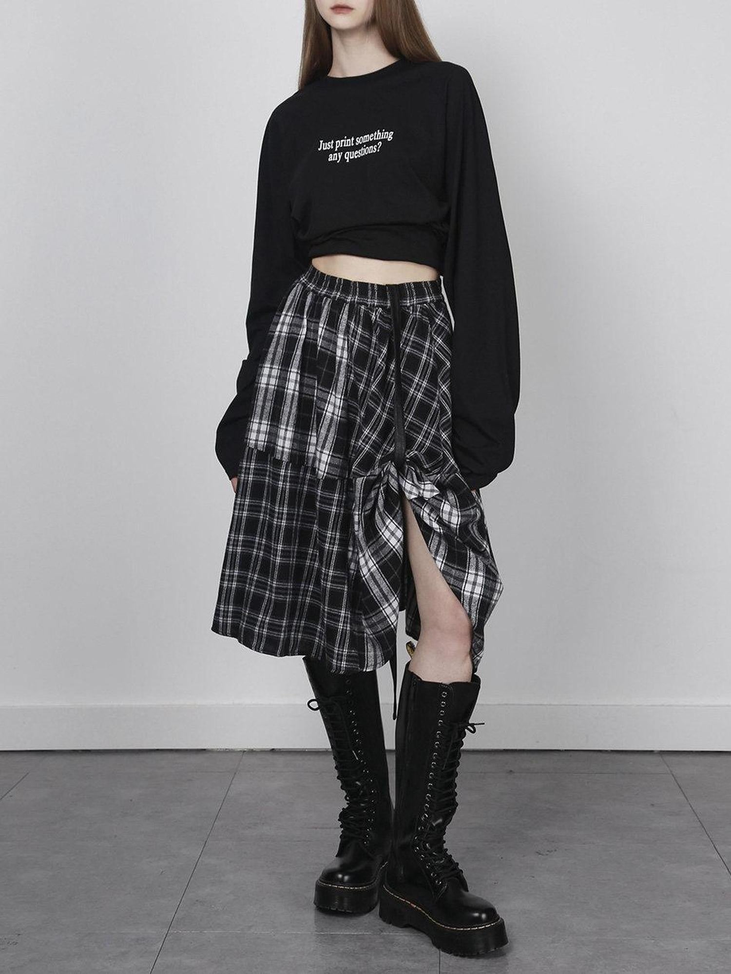 ANYQUESTION Black White Check Patchwork Adjustable Belt Women&