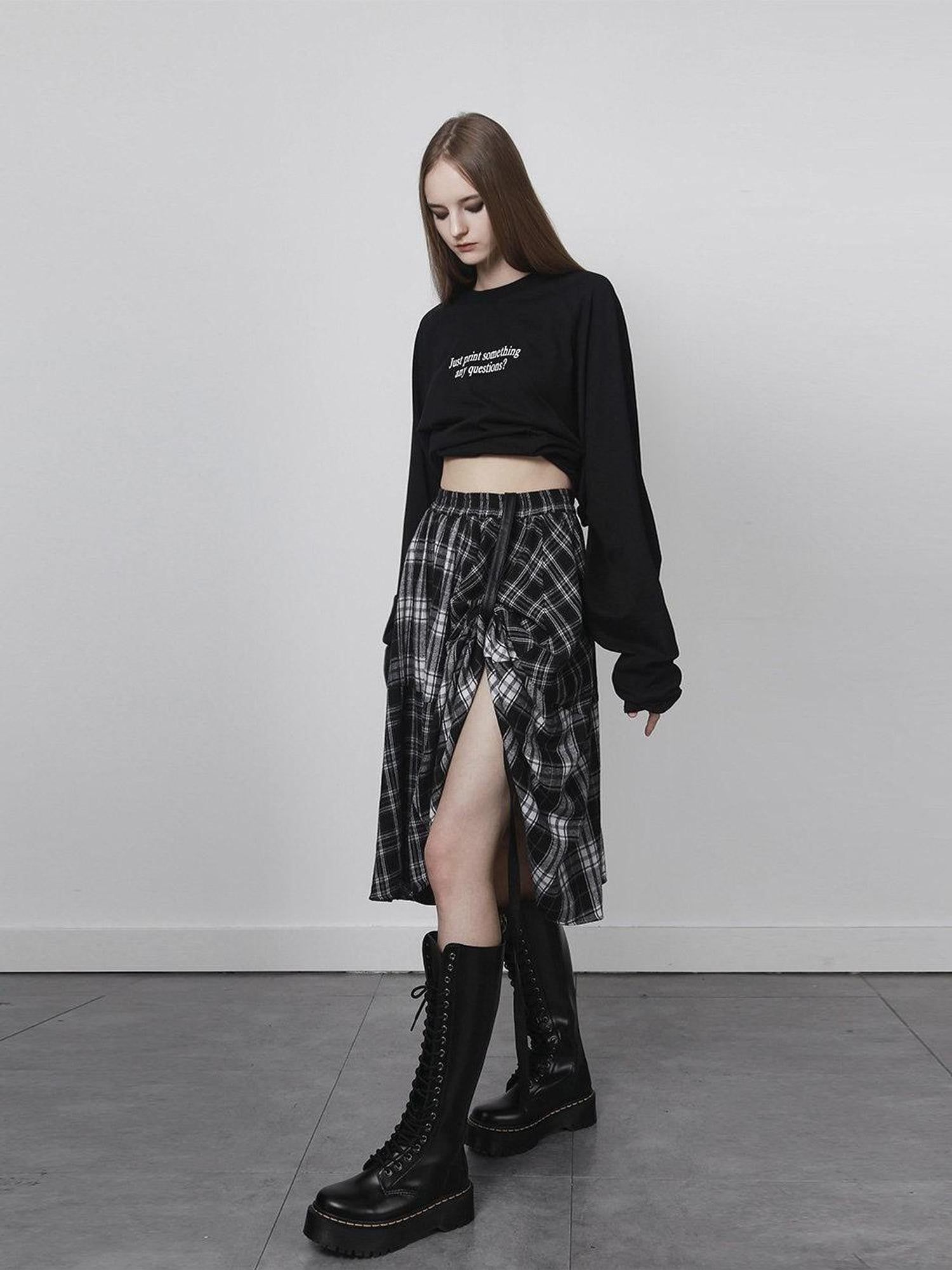 ANYQUESTION Black White Check Patchwork Adjustable Belt Women&