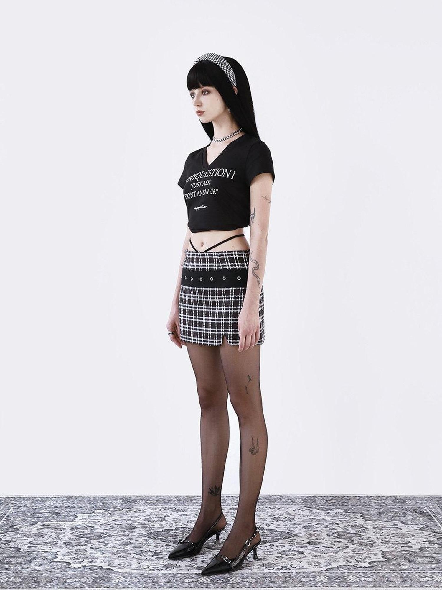 ANYQUESTION Black White Check Patchwork Belt Side Slit Tie Women&
