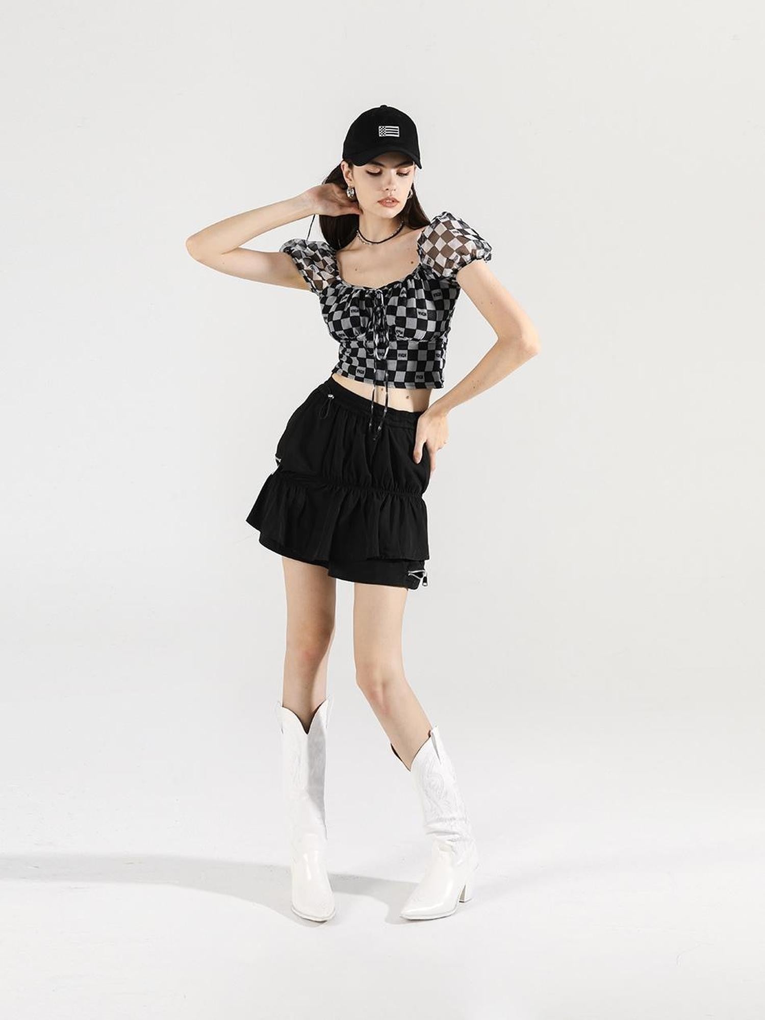 ANYQUESTION Black White Checkerboard Mesh Puff Sleeve Tie Fitted Women&