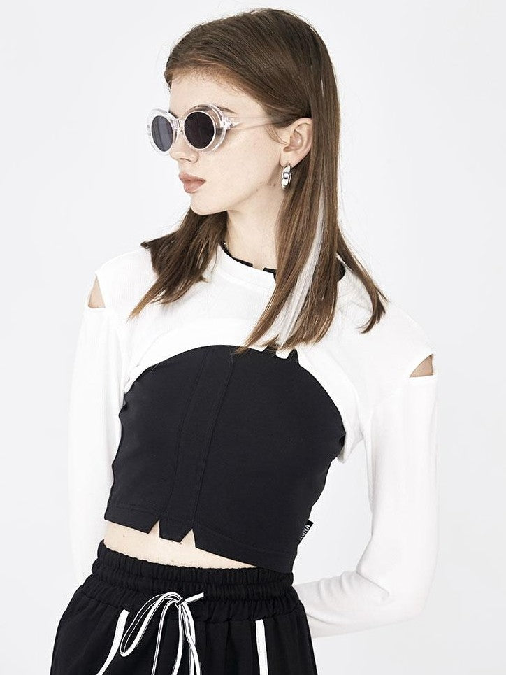 ANYQUESTION Black White Cropped Angled Hem Street Round Neck Women&