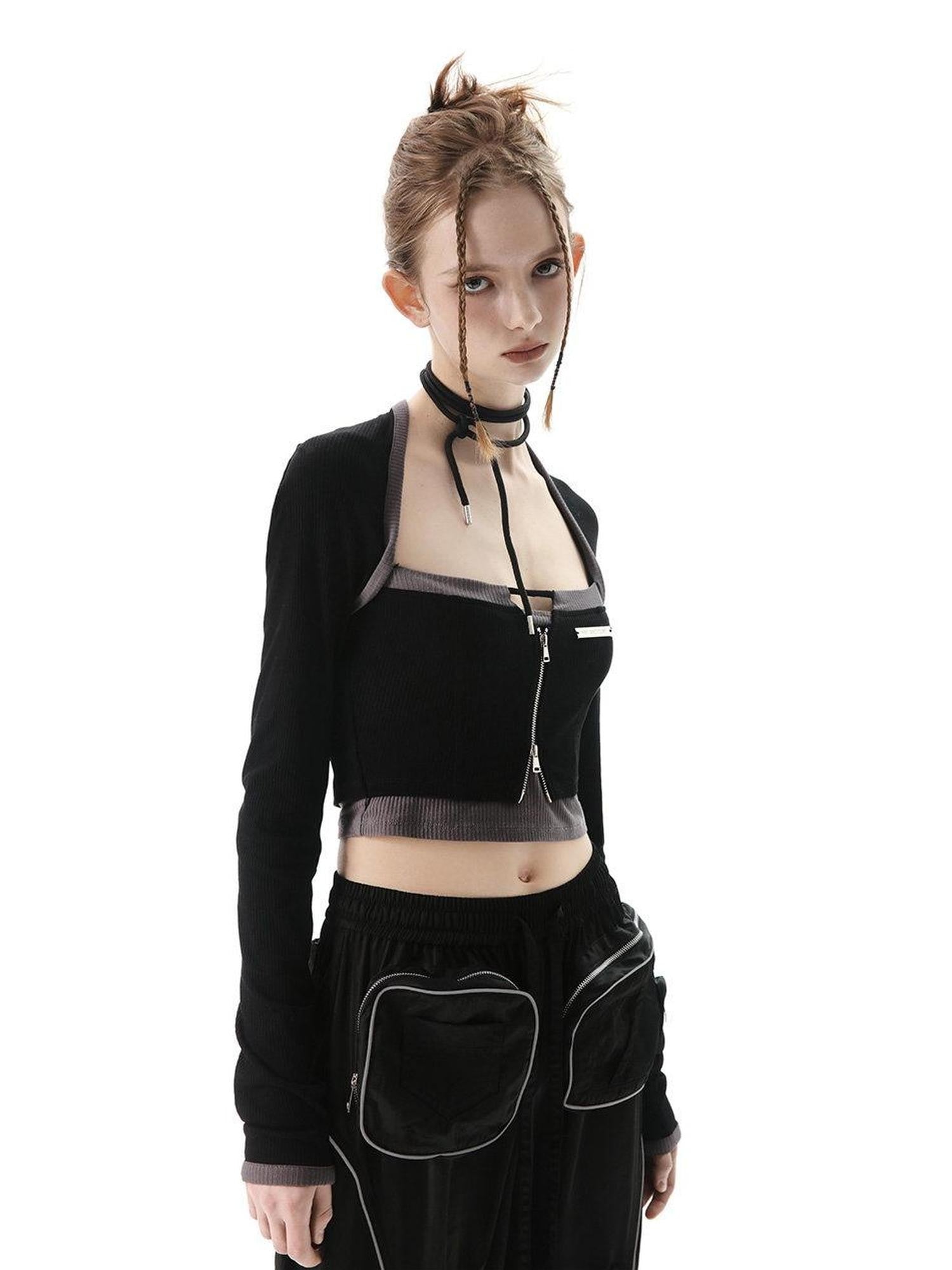 ANYQUESTION Black White Cutout Zipper Halter Knit Faux Layered Women&
