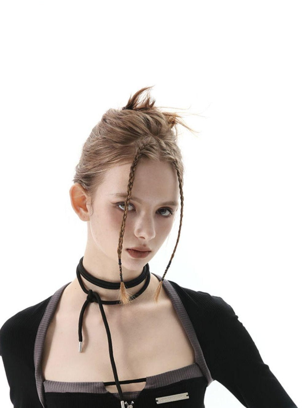 ANYQUESTION Black White Cutout Zipper Halter Knit Faux Layered Women&